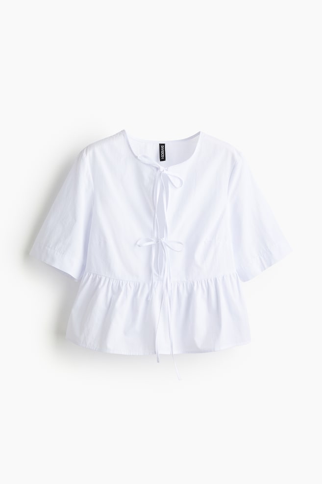 Popelinebluse mit Bindebändern - Weiß/Hellblau - 1
