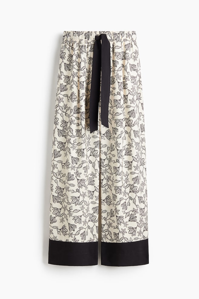 Wide-Leg Pants with Tie Belt - Cream/floral/Beige/Light beige/floral - 1