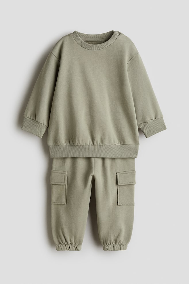 2-piece brushed-inside sweatshirt set - Light khaki green/Dark brown - 1