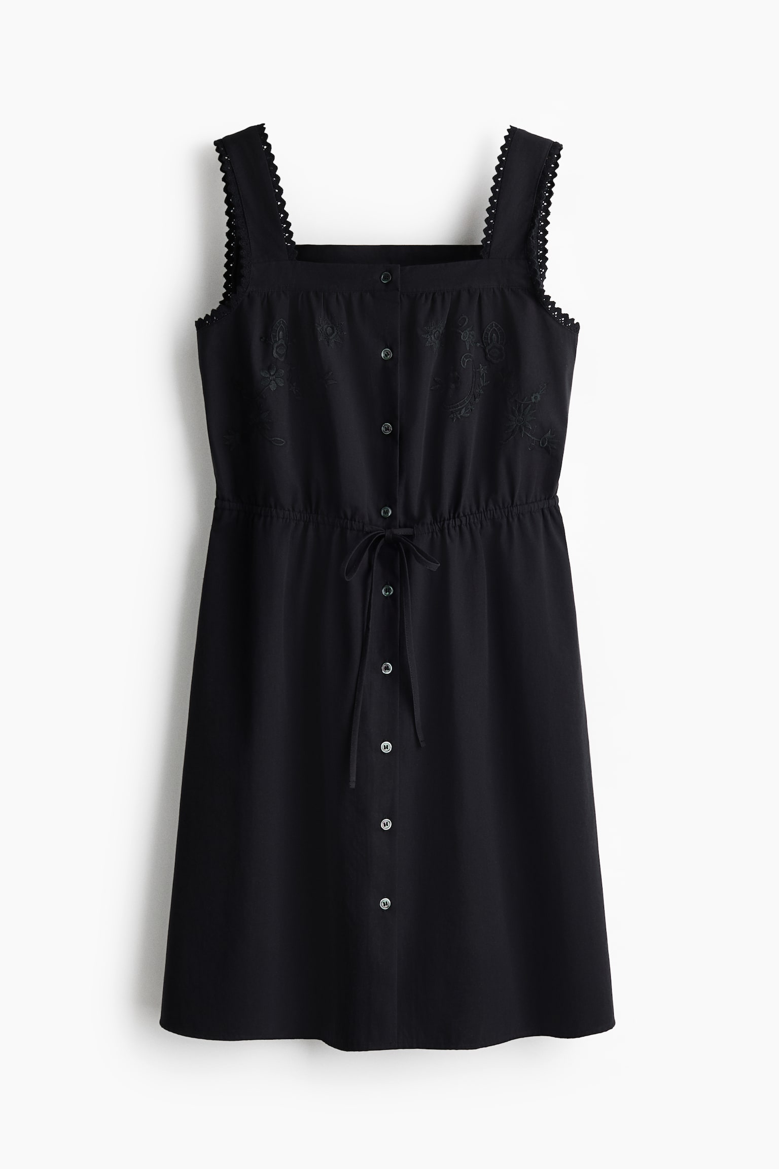 Embroidered Button Front Dress - Black - 1