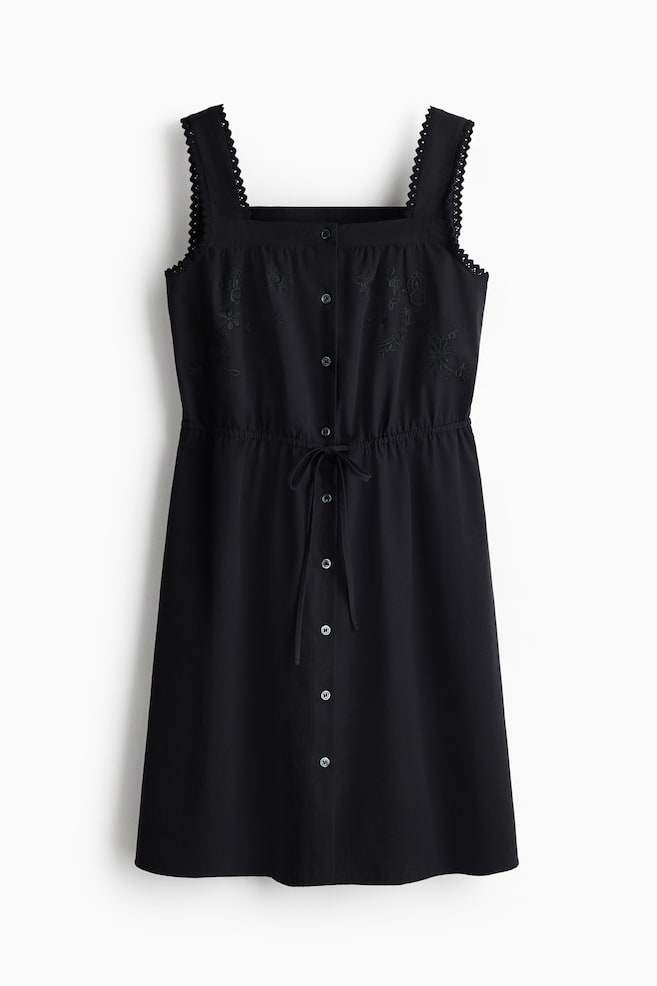 Embroidered Button Front Dress - Black - 1