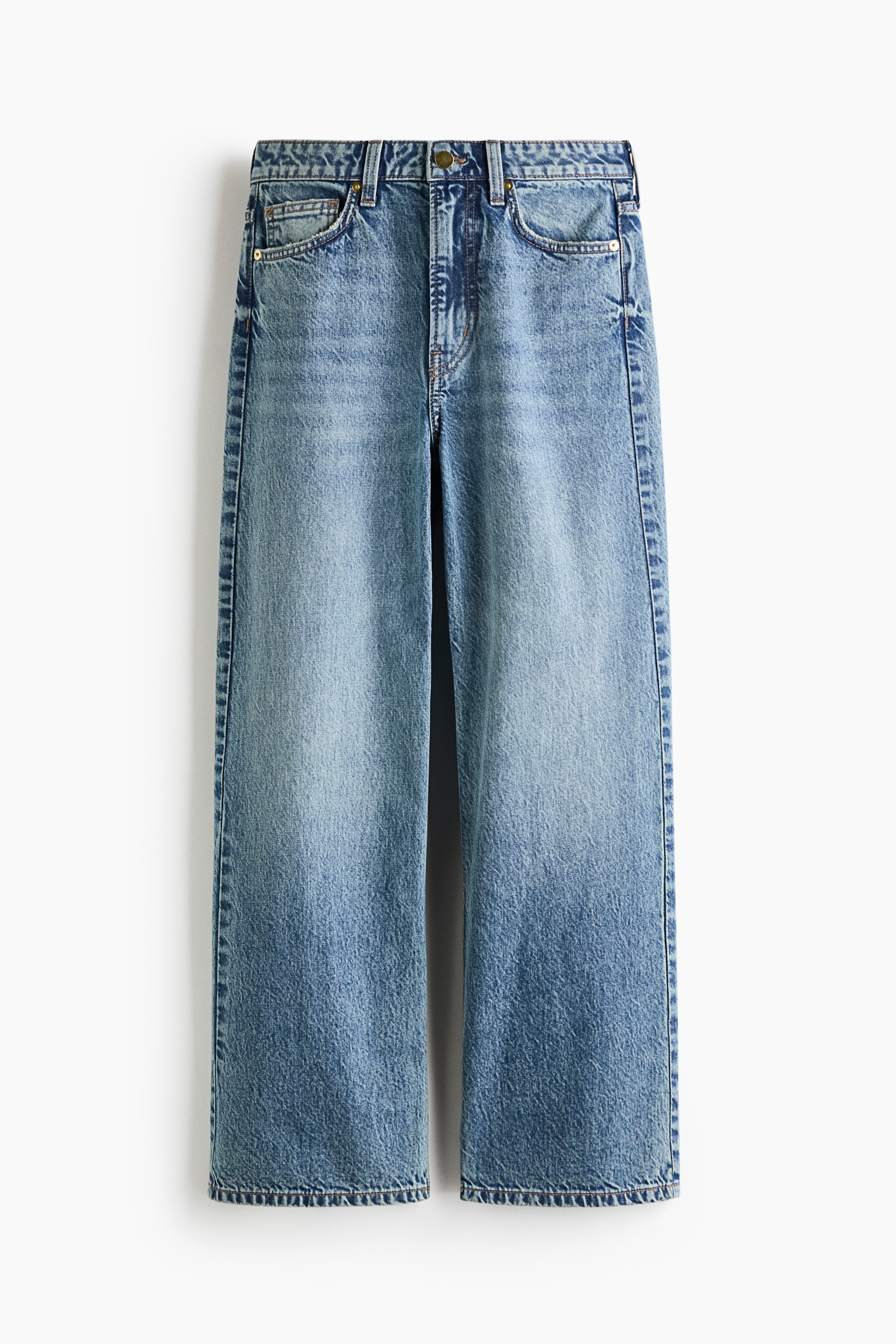 A pair of high-waisted, straight-leg blue denim jeans is hanging front-facing, showcasing a classic five-pocket design with a top-button closure. The jeans feature a medium-wash blue finish with subtle fading along the thighs and a relaxed, straight-cut silhouette down to the hems.