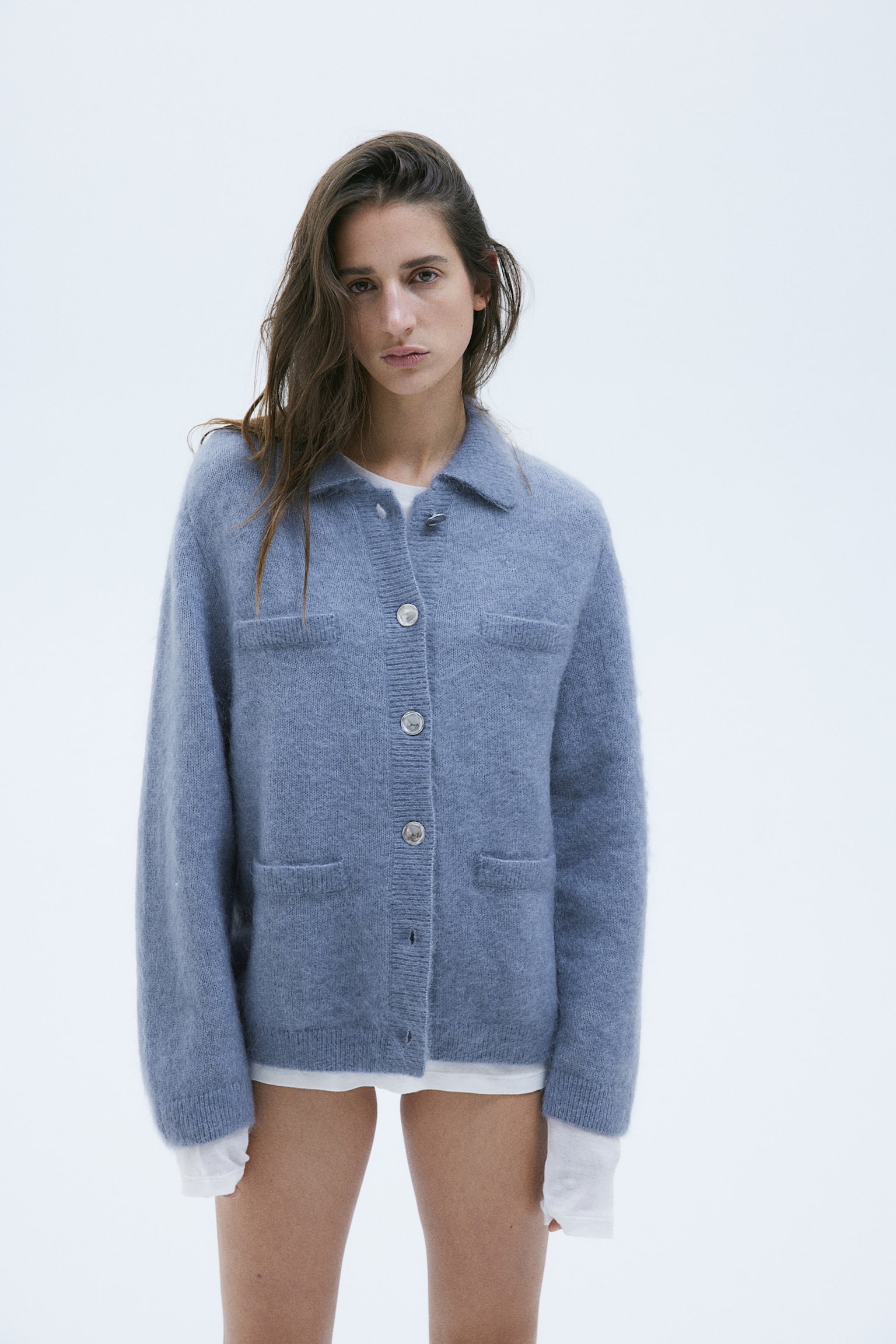 Mohair-blend collared cardigan - Pigeon blue/Cream - 3