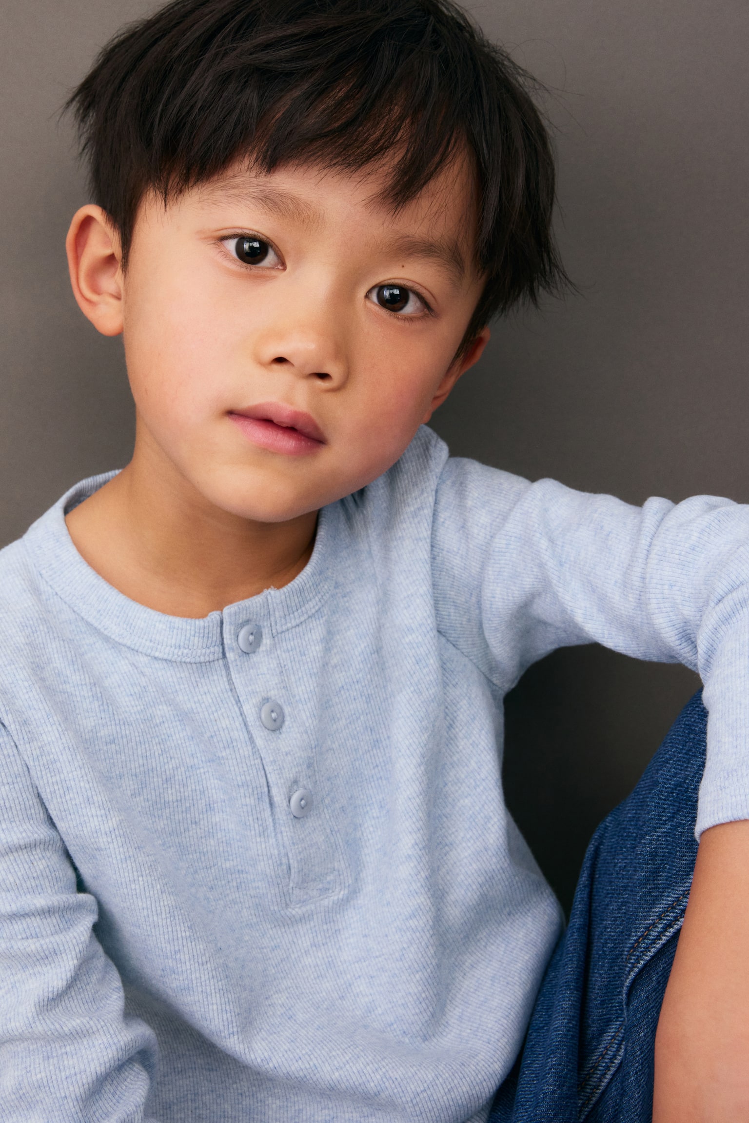 Maglia a serafino in cotone - Azzurro/Grigio chiaro - 4