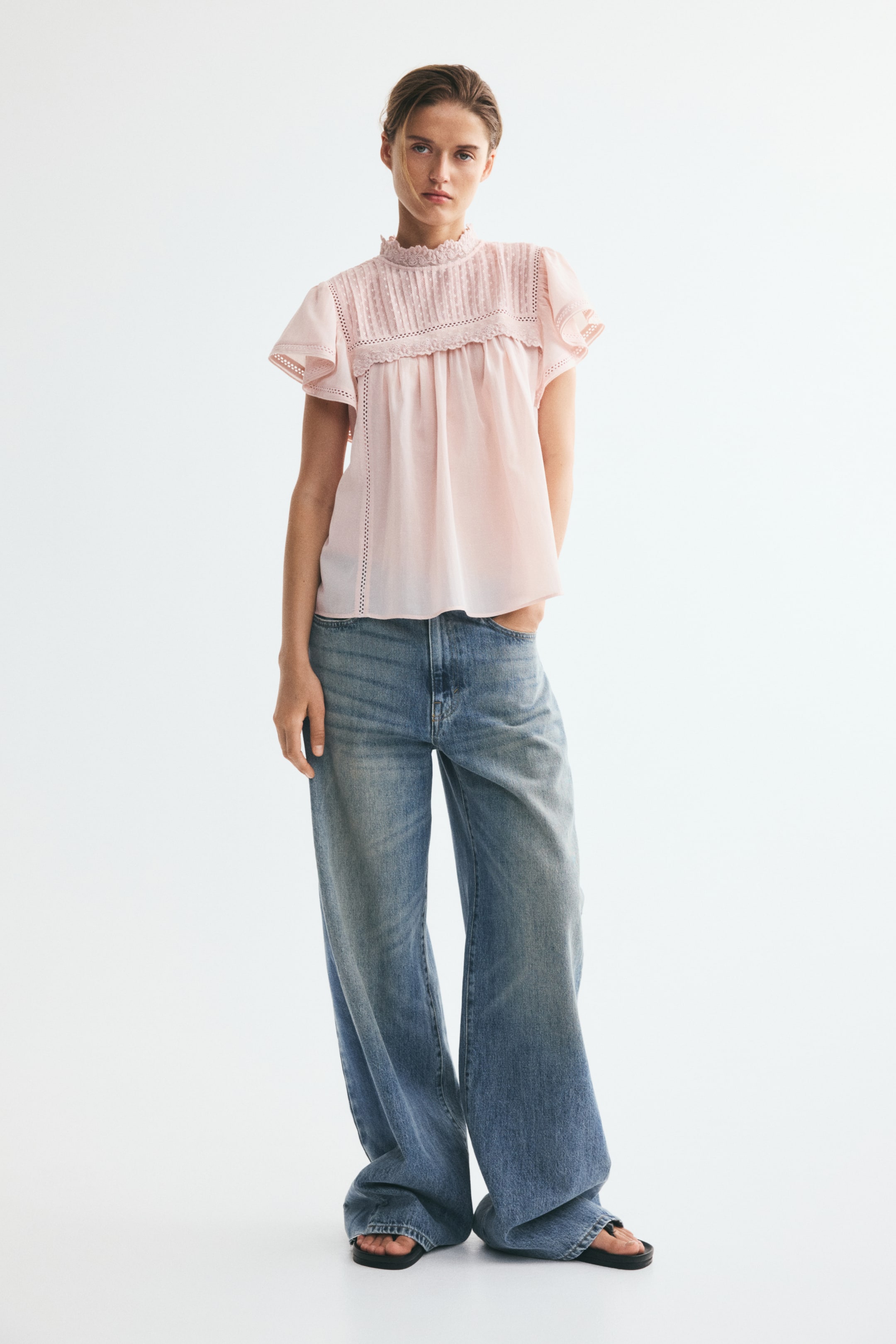 Lace-Trimmed Flutter-Sleeved Blouse