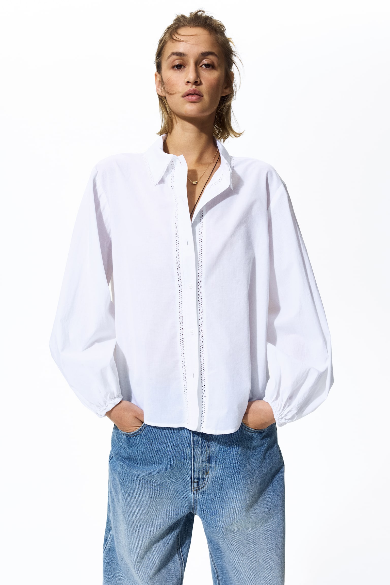 Lace-trimmed cotton shirt - White/Light purple - 5