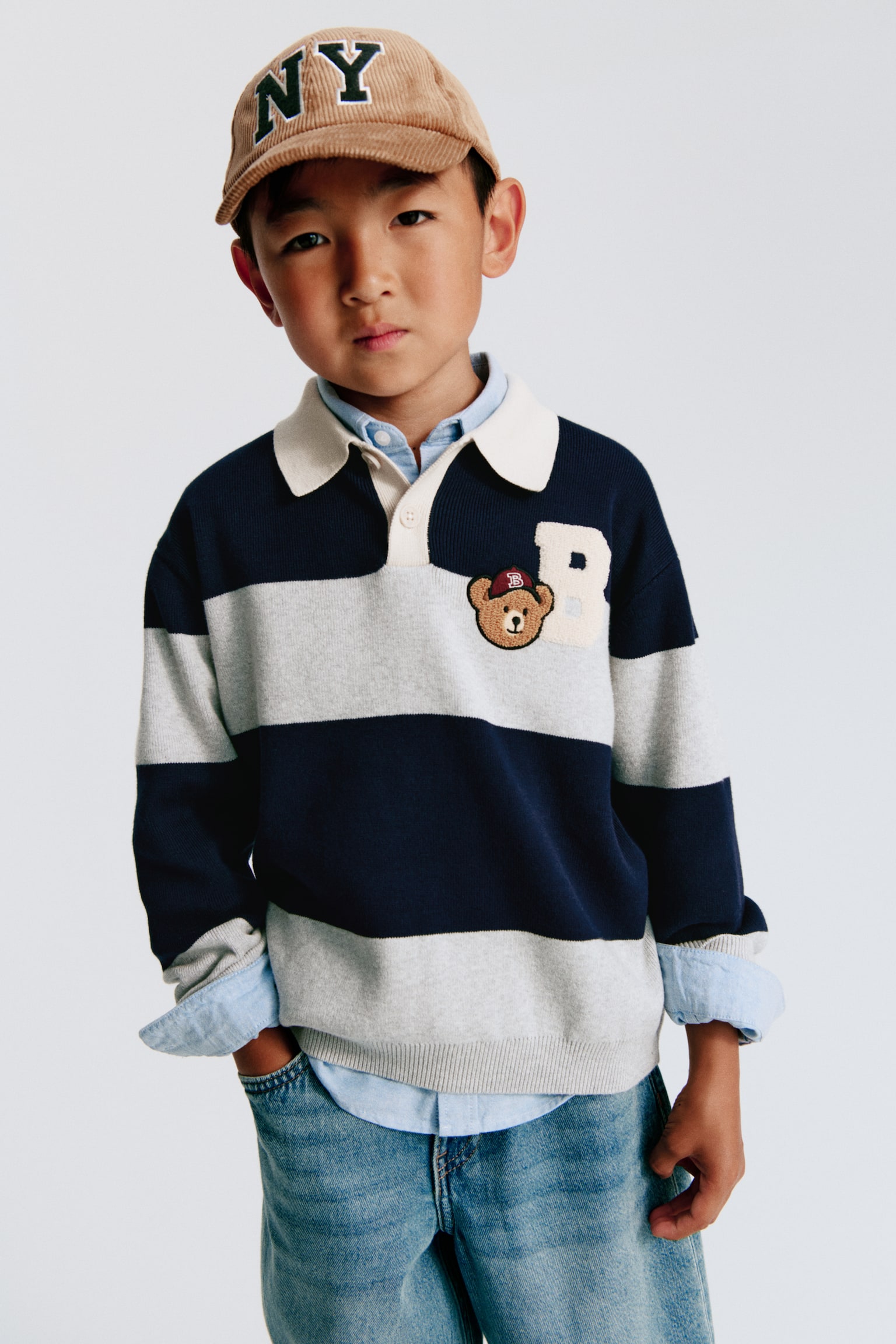 Motif-detail rugby shirt - Navy blue/Teddy bear - 1