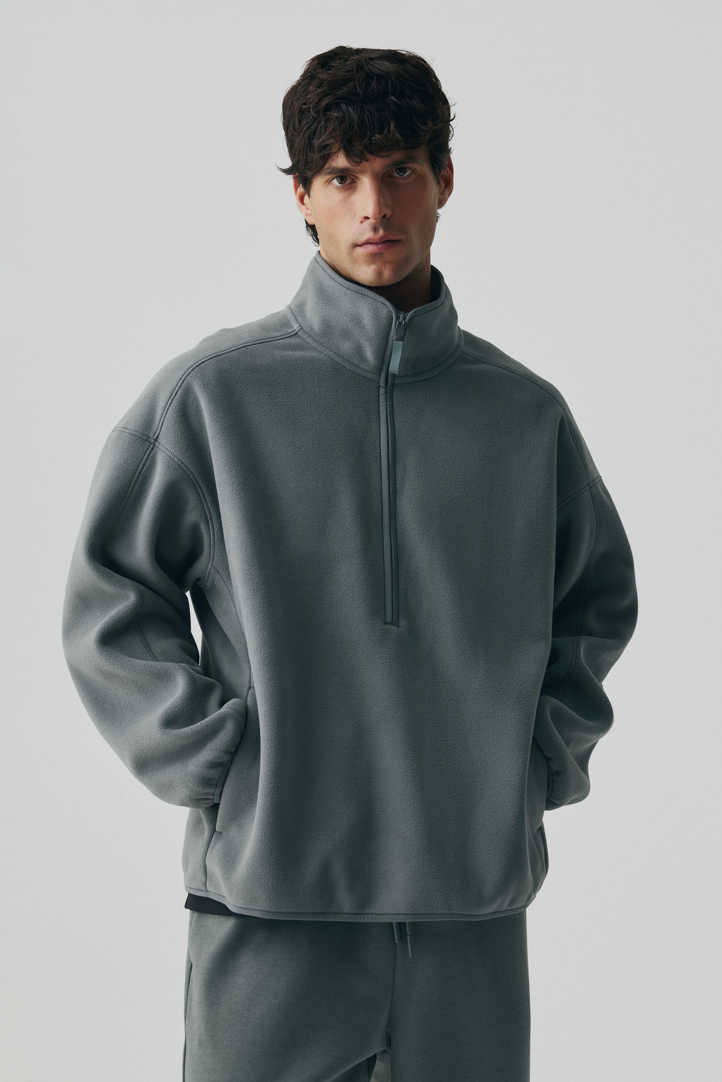 Felpa Uomo Mezza Zip Senza Cappuccio In French Fleece, Oversize, Maniche Lunghe, Autunno Inverno