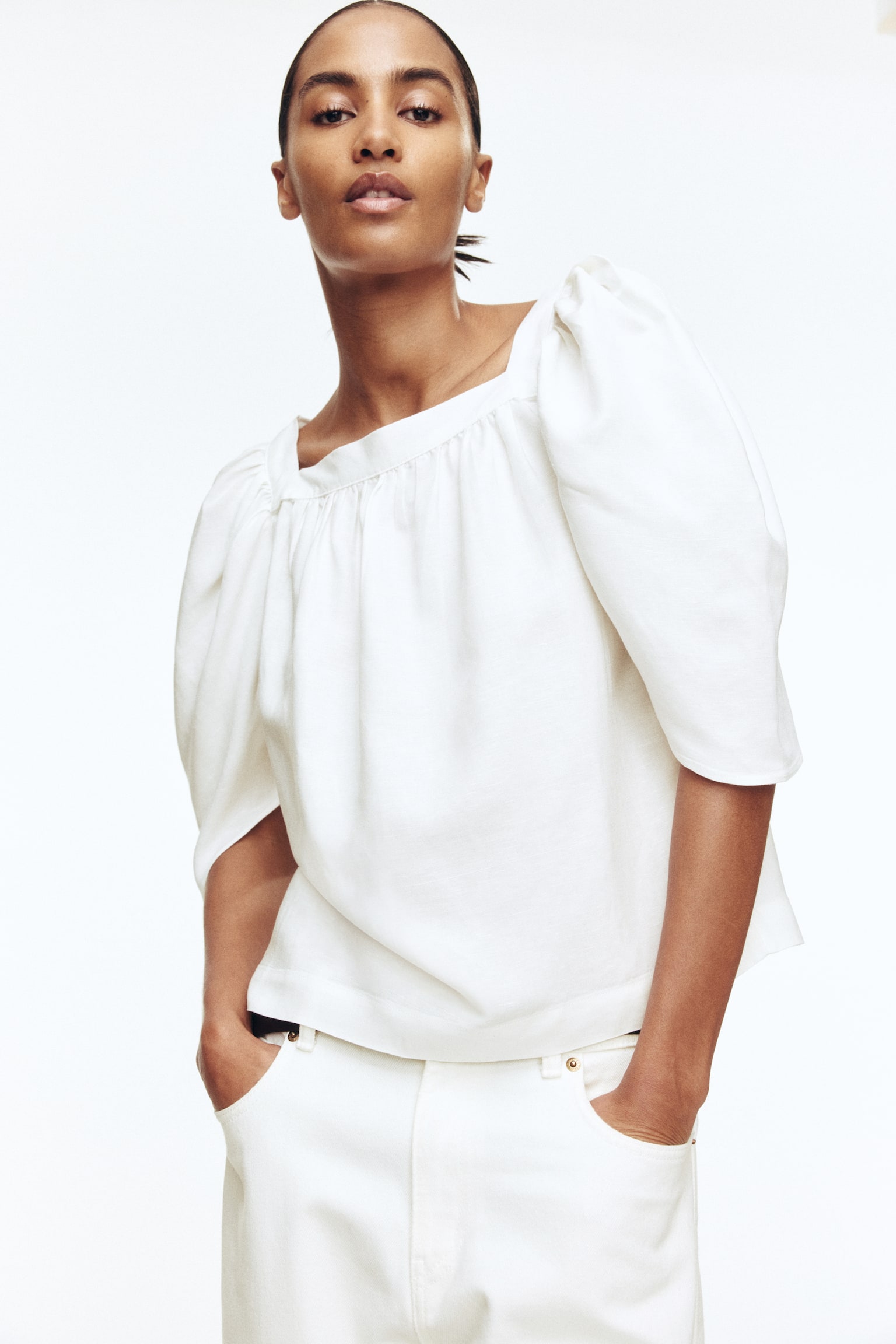 Linen-blend blouse - White/Dark orange/Paisley pattern - 4