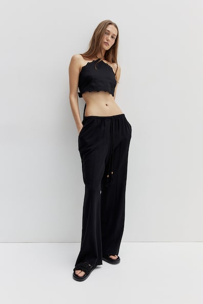 Linen-blend trousers - High waist - Long - Black - Ladies | H&M GB