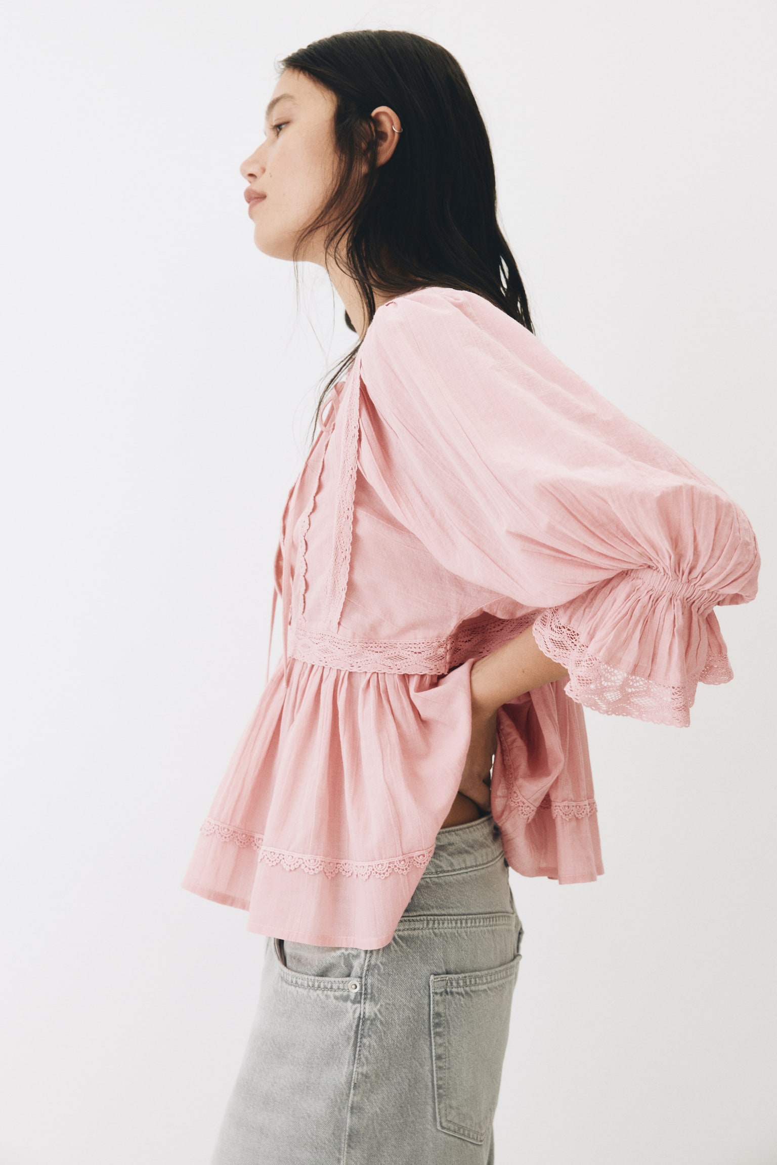 Lace-trimmed cotton blouse - Pink/Black/White - 6