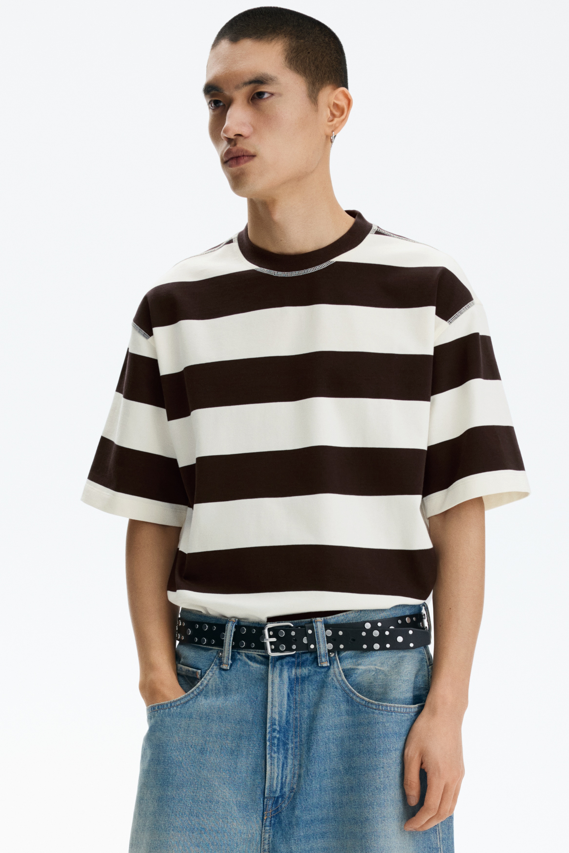 Oversized-Fit T-Shirt - Dark brown/striped/Dark green/striped