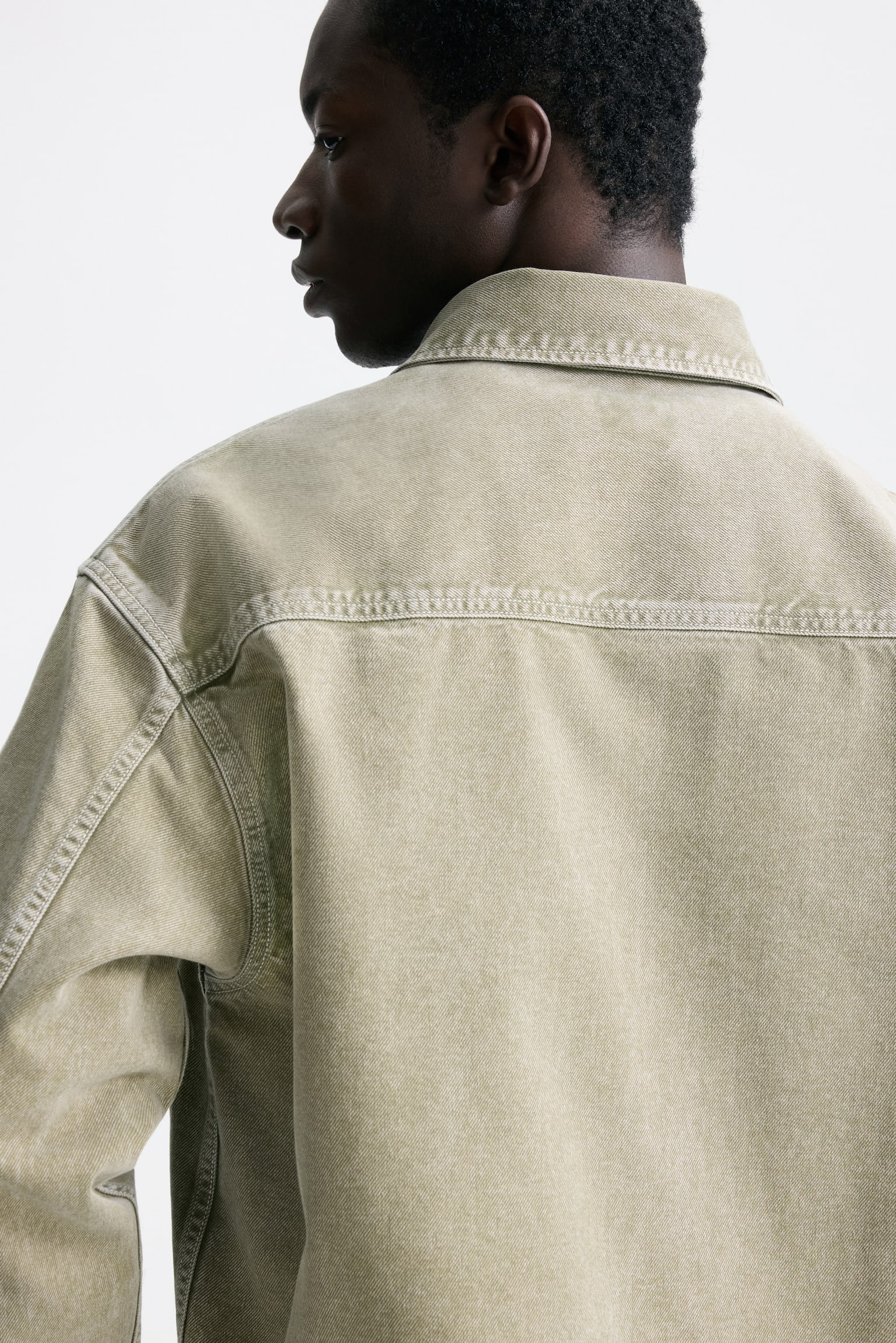 水洗效果斜紋夾克襯衫 - 卡其綠 - 3