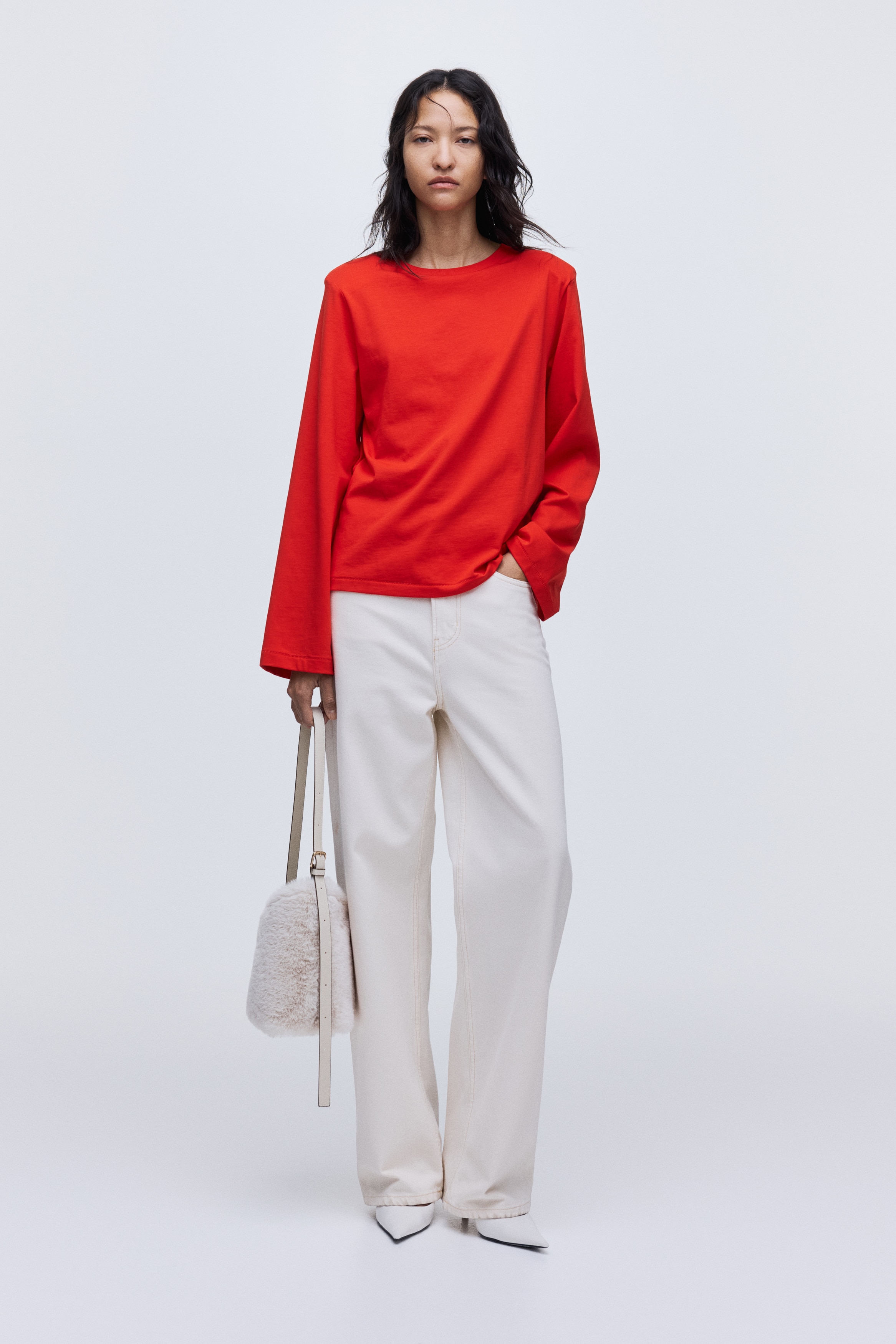 Top con spalle imbottite - Rosso acceso/Beige chiaro