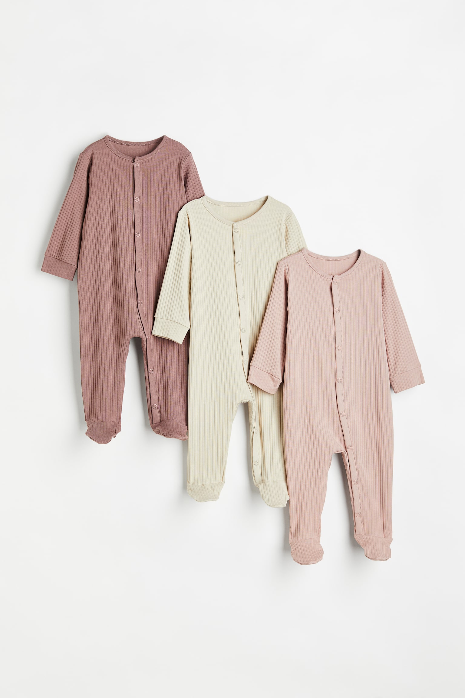 3-pack ribbed cotton pyjamas - Light pink/Natural white
