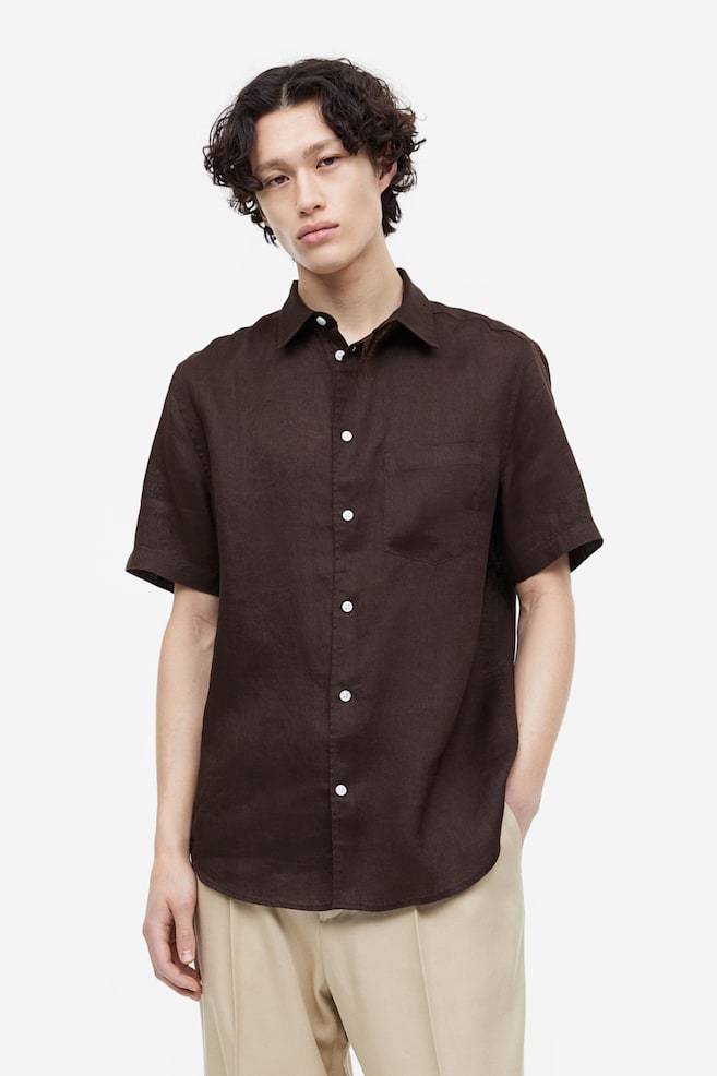 Kortärmad linneskjorta Regular Fit - Mörkbrun/Vit/Ljusbeige/Mönstrad/Ljusblå/dc - 1
