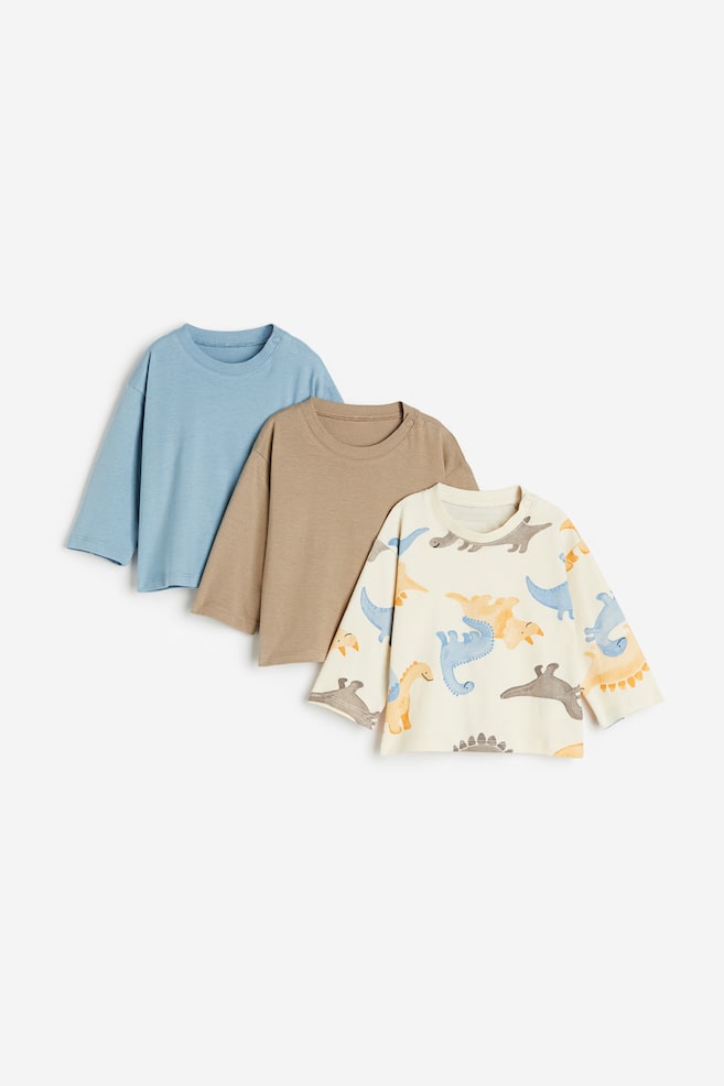 3-pack cotton jersey tops - Light beige/Dinosaurs/Beige/Animals/Light beige/Striped/Brown/Hedgehogs - 1