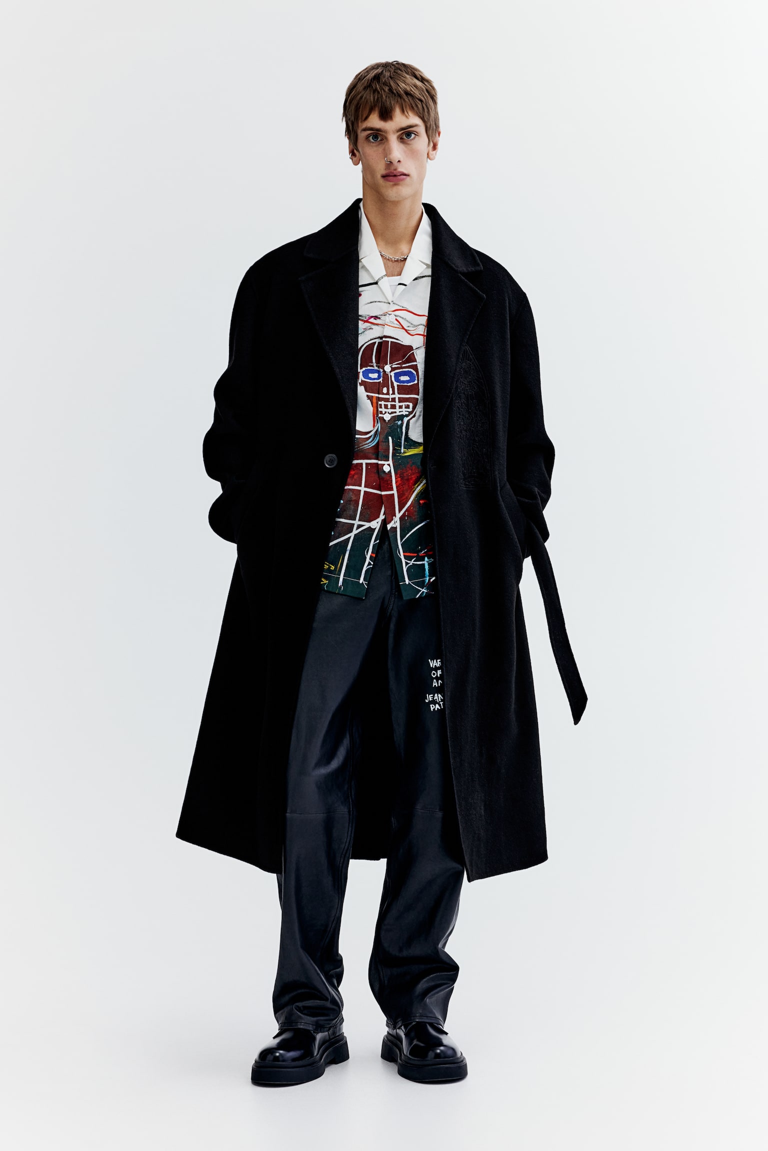 Loose Fit Wool Blend Tie Belt Coat - Black/Basquiat - 2