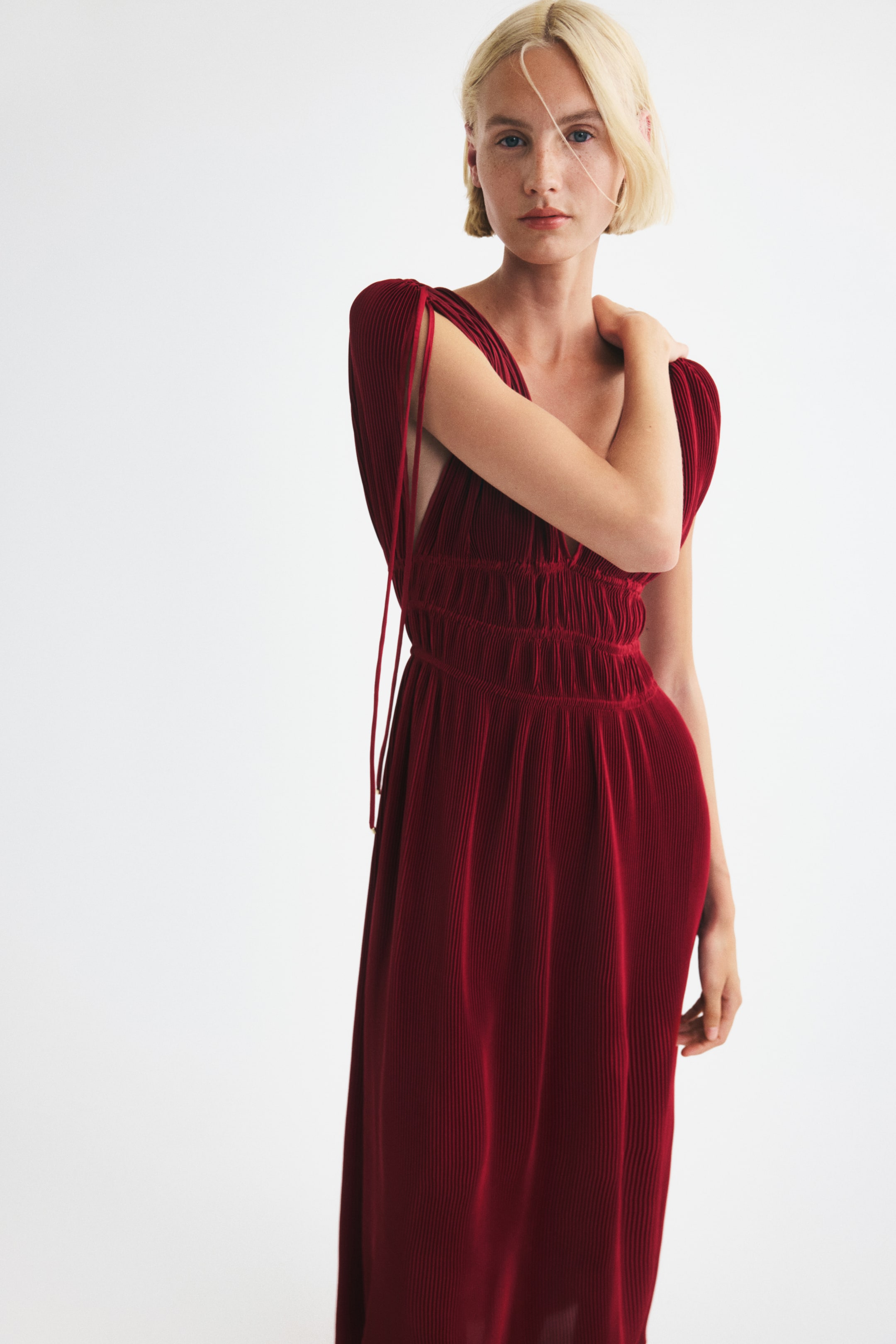 Crinkled Drawstring-Detail Dress