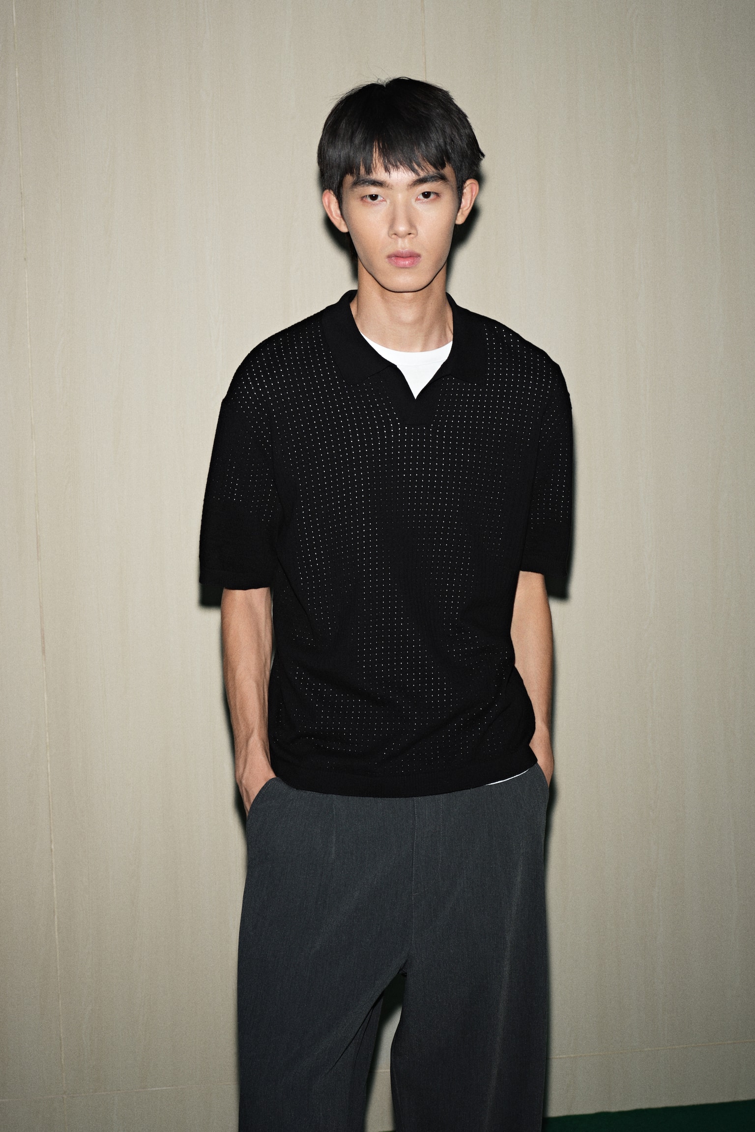 Loose Fit Textured-Knit Polo Shirt - Black/Cream - 5