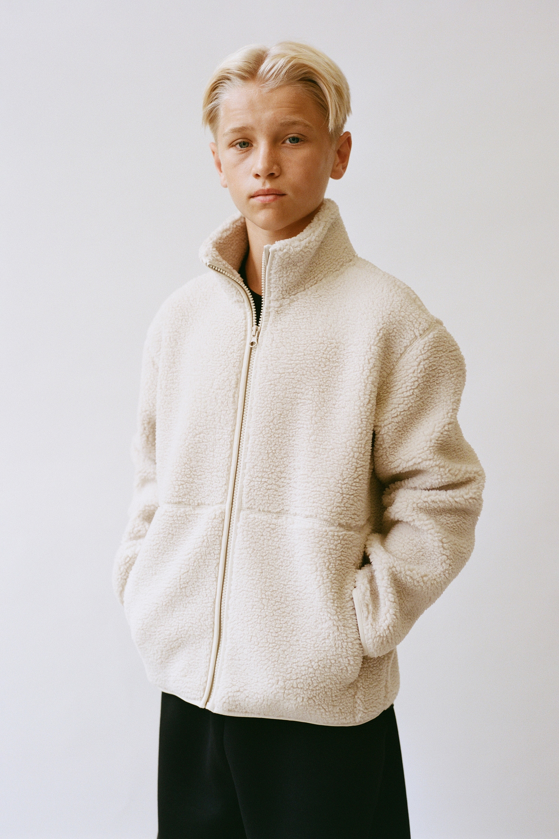 Warm sportvest van teddy - Lichtbeige/Donkerblauw