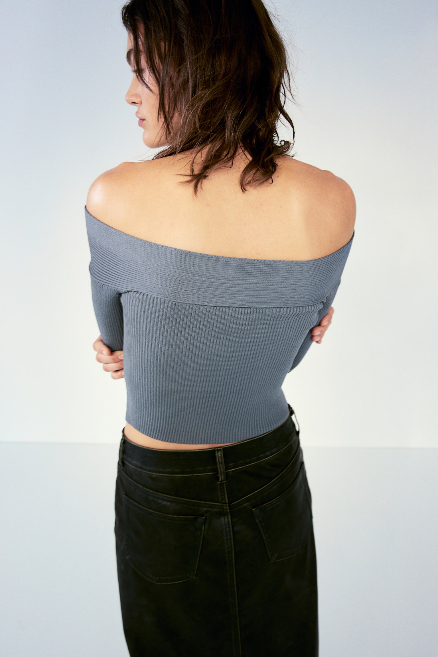 Off The Shoulder Rib Knit Top - Grey/Black - 4