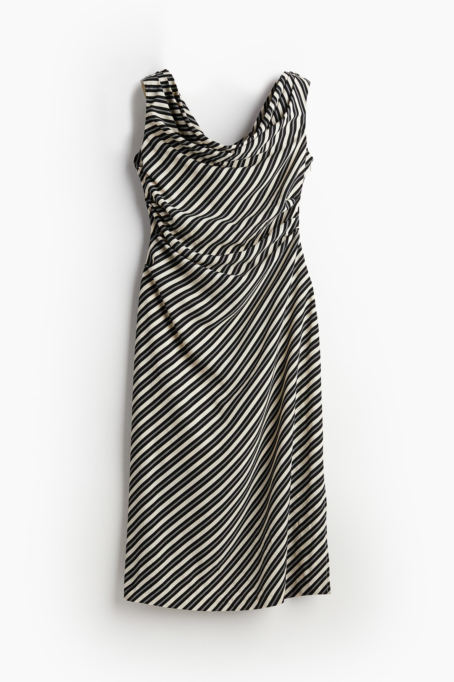 Draped One Shoulder Dress - Black/Stripe/Black - 2