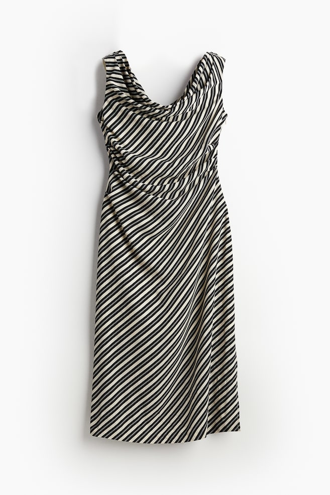 Vestido drapeado de un hombro - Negro/Rayas/Negro - 1