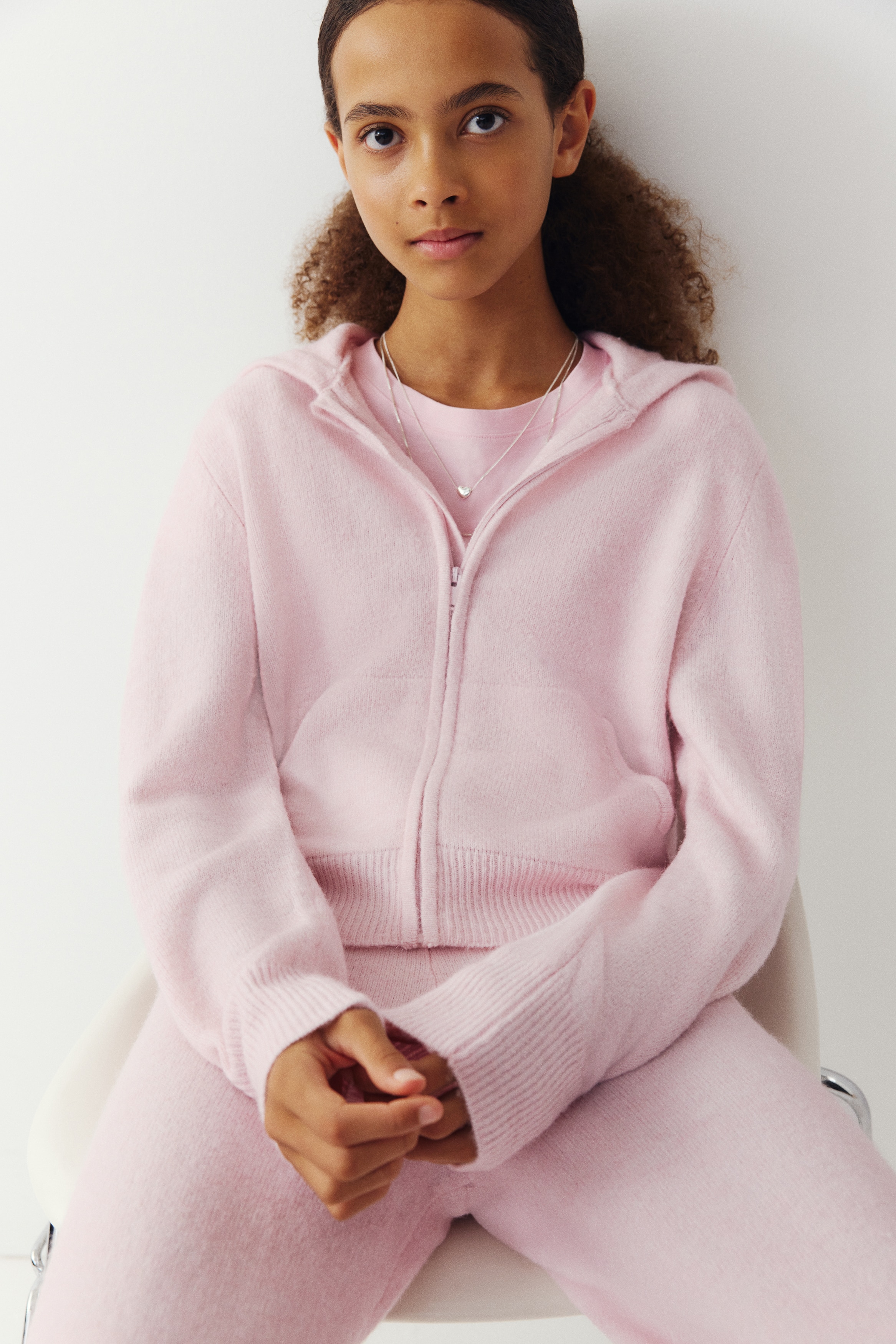 Chaqueta de punto con capucha y cremallera - Rosa claro/Gris claro jaspeado
