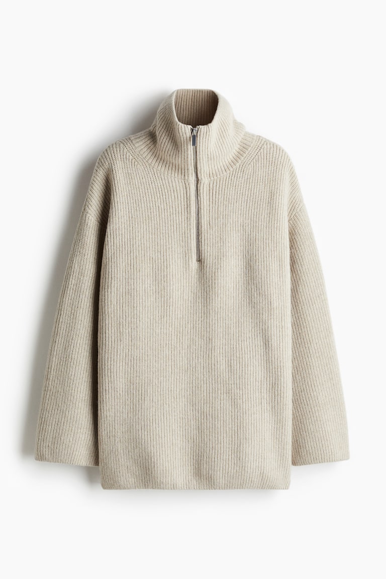 Beige Strickpullover Mit Zipper Damen Gerippter Pullover Mit