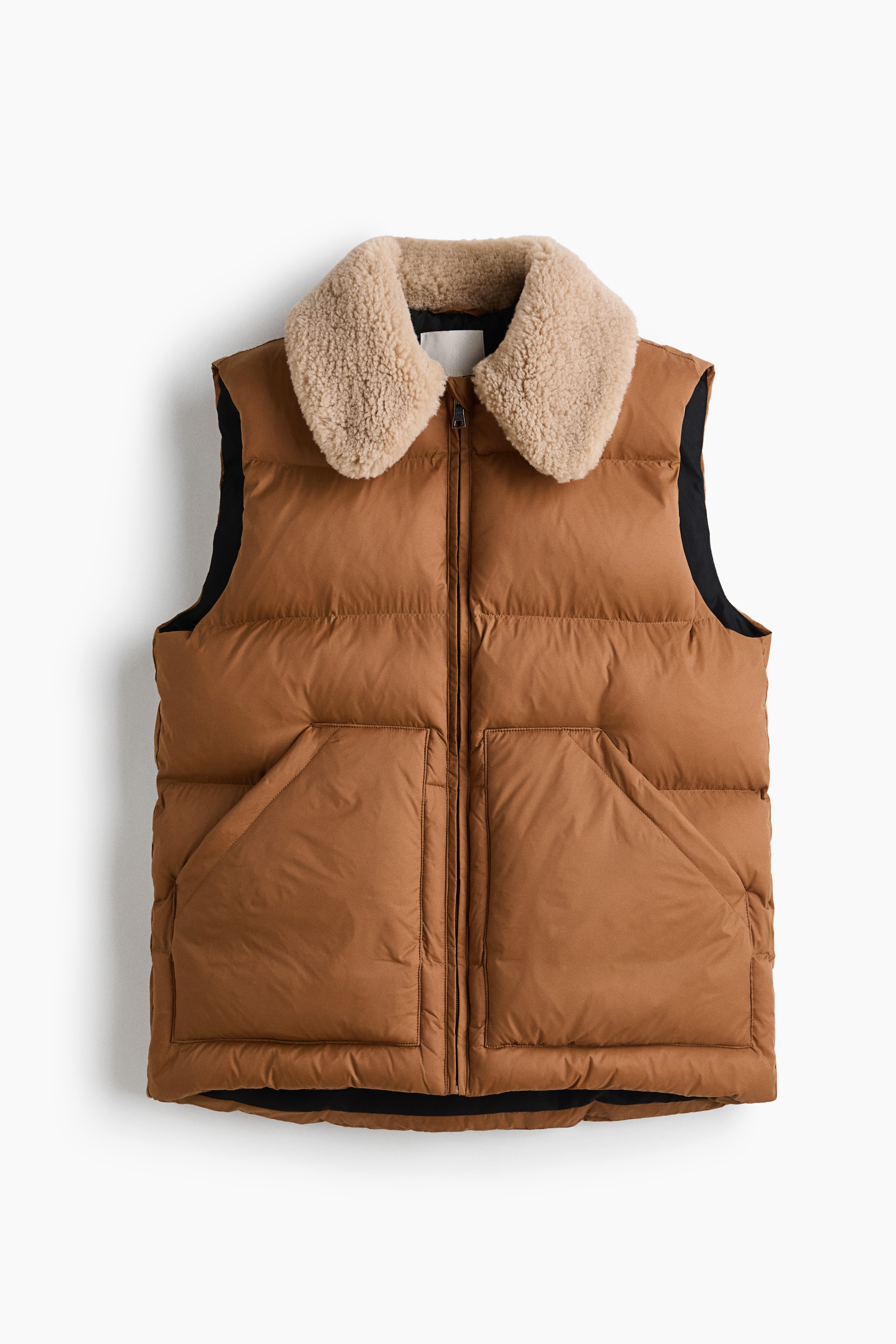Gilet imbottito con colletto in pelliccia di pile - Marrone