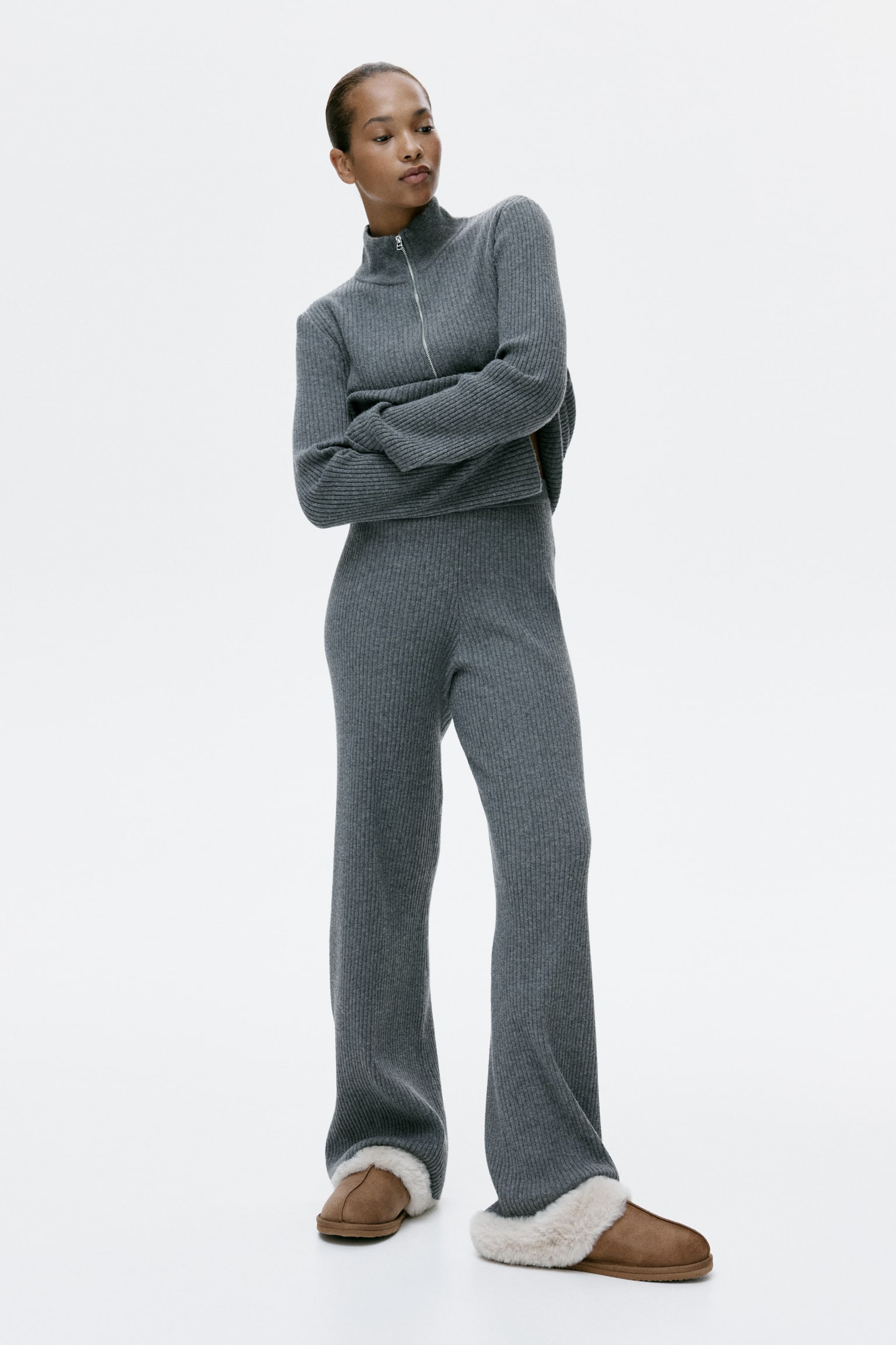 Wide rib-knit trousers - Grey marl/Dark brown - 1