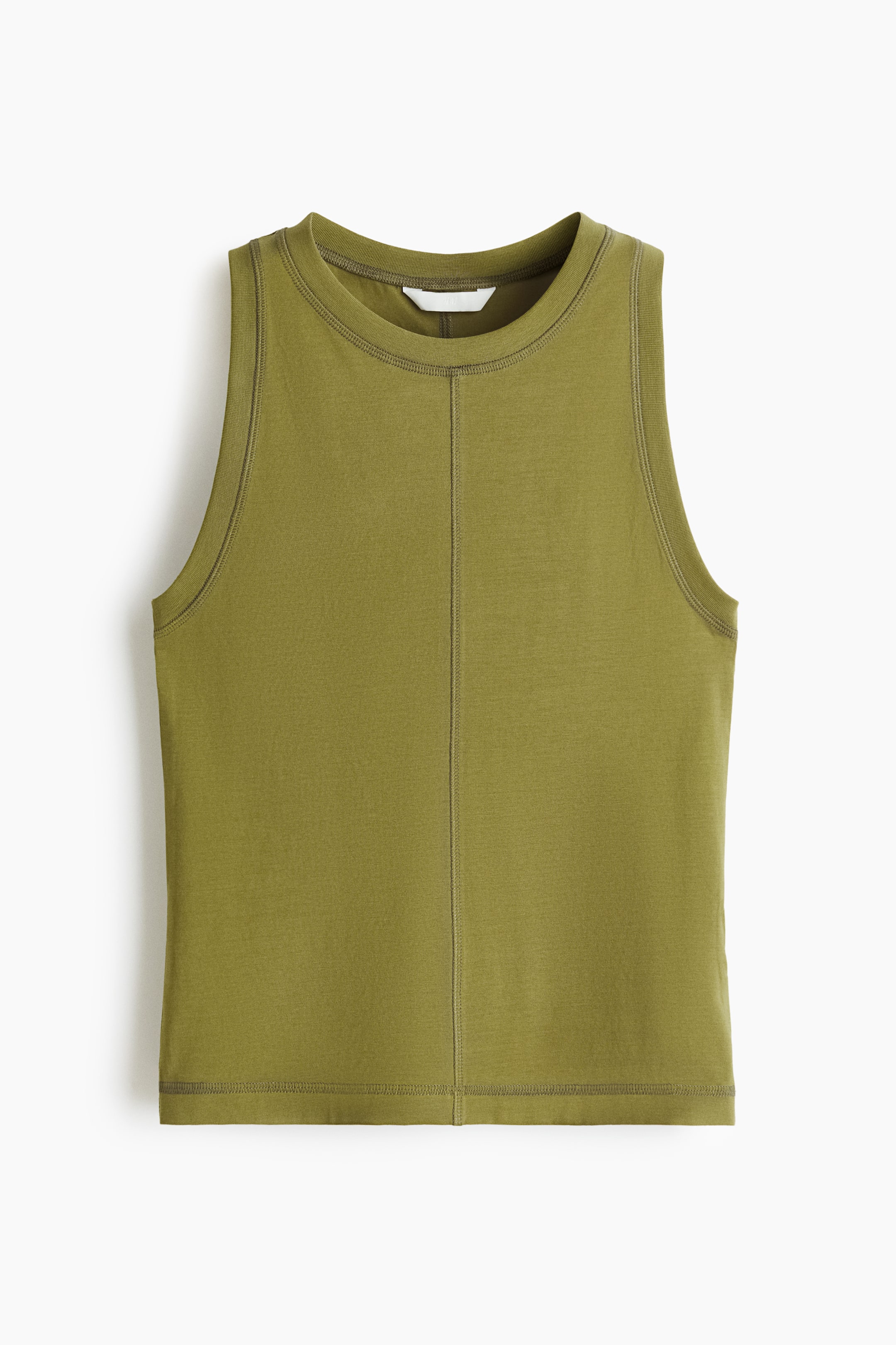Voir une image plus grande: Un débardeur vert olive avec un col rond et un design sans manches, présenté de face. Une couture verticale proéminente descend au centre avant, et une étiquette blanche est visible à l'intérieur de l'encolure arrière.