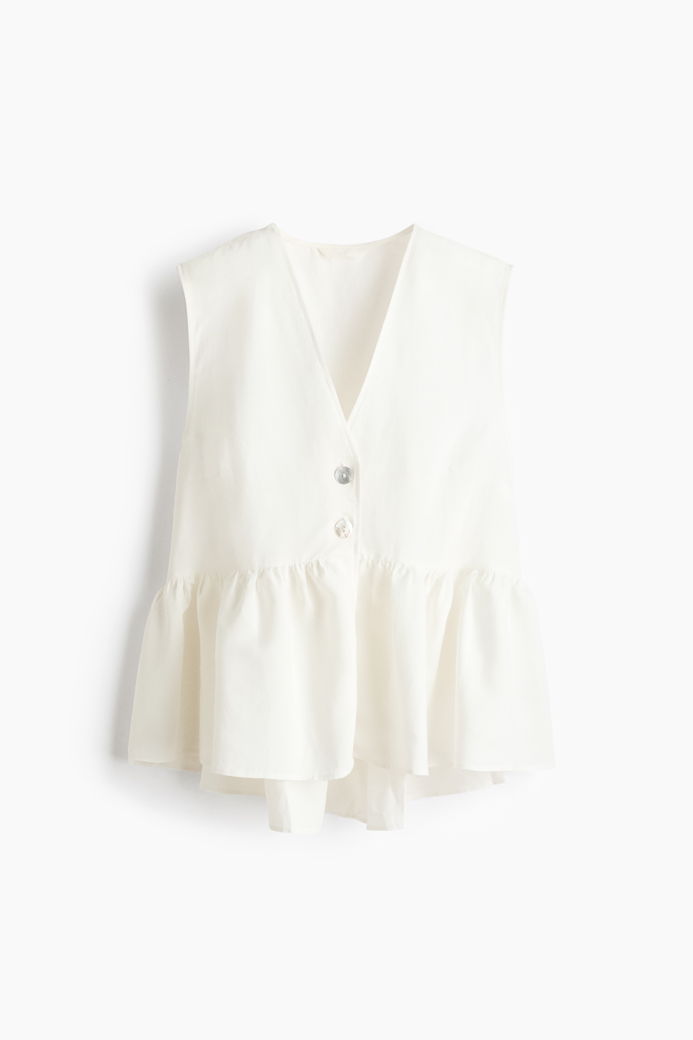 亞麻混紡荷葉浪邊上衣 - 白色/淺黃色/深咖啡色