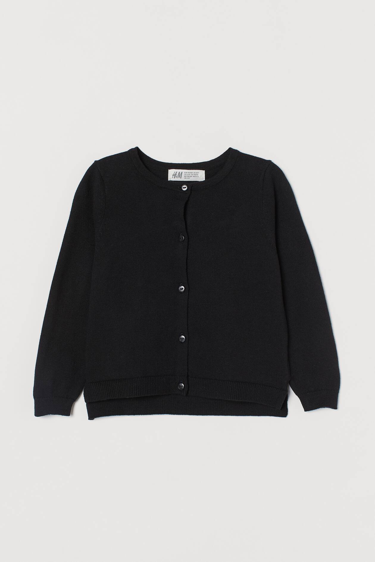 Fine-knit Cotton Cardigan - Round Neck - Long sleeve - Black - Kids | H ...