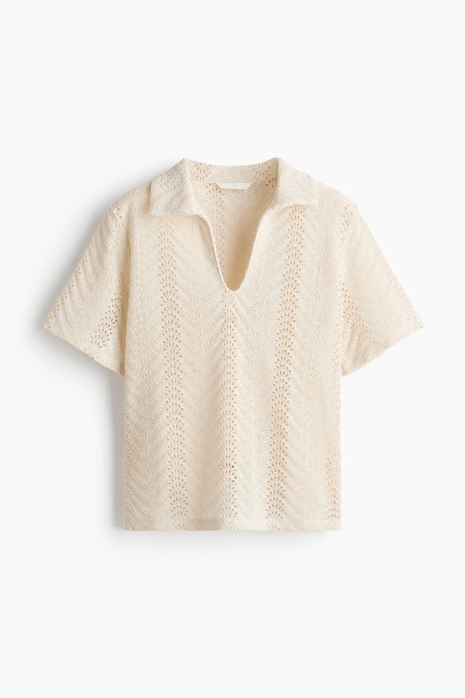 Crochet-Look Polo Shirt - Light beige/Dark brown/Dark brown/striped - 1