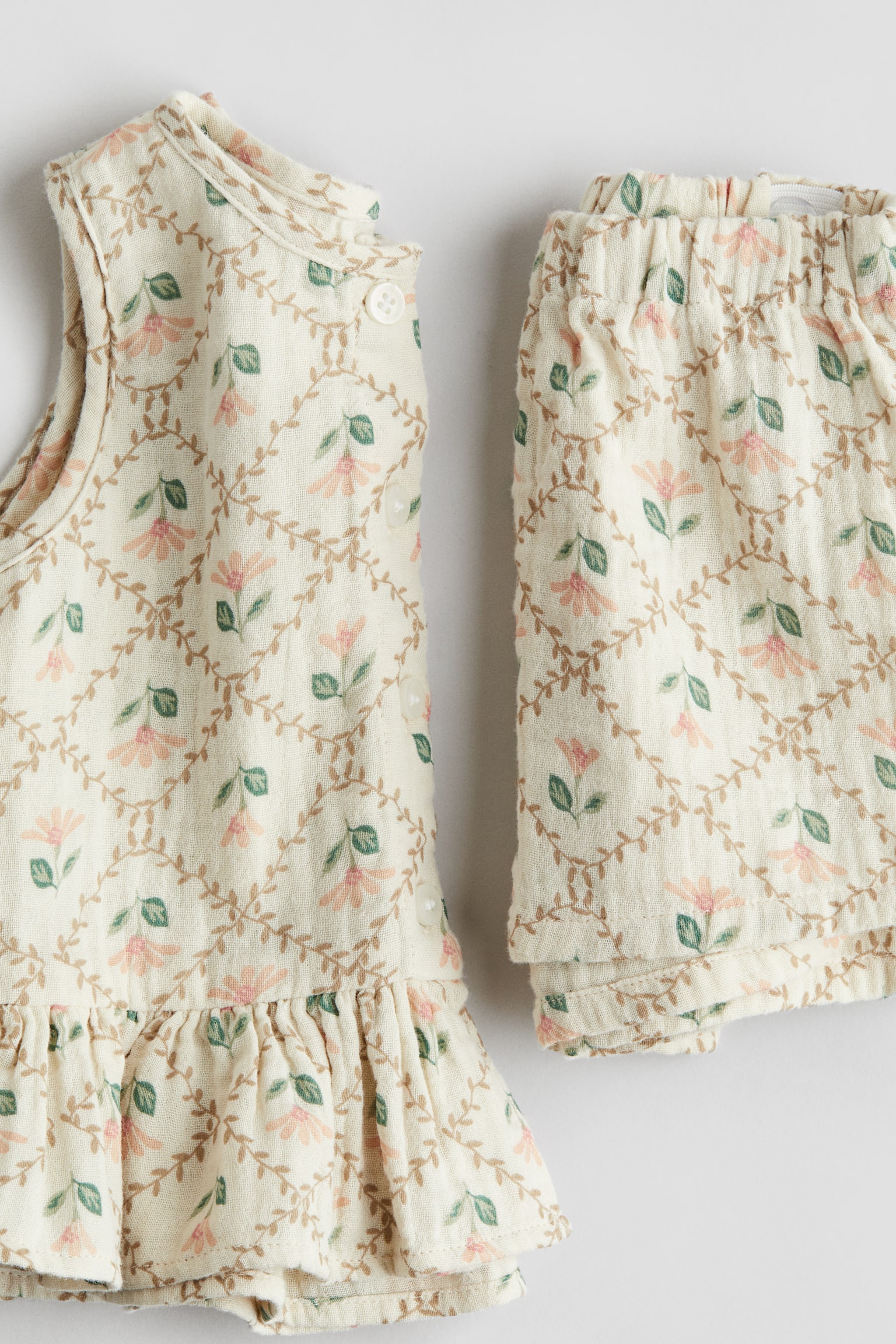 2-piece muslin top and shorts set - Cream/Floral/Light pink - 2