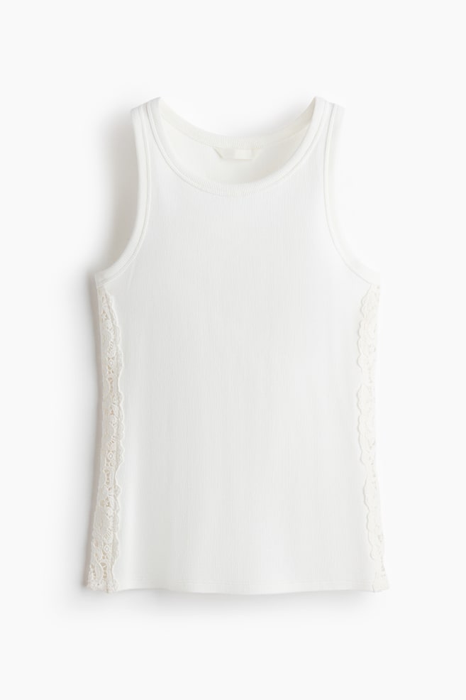Ribbed Lace-Inset Tank Top - White/Dark brown/Black - 1