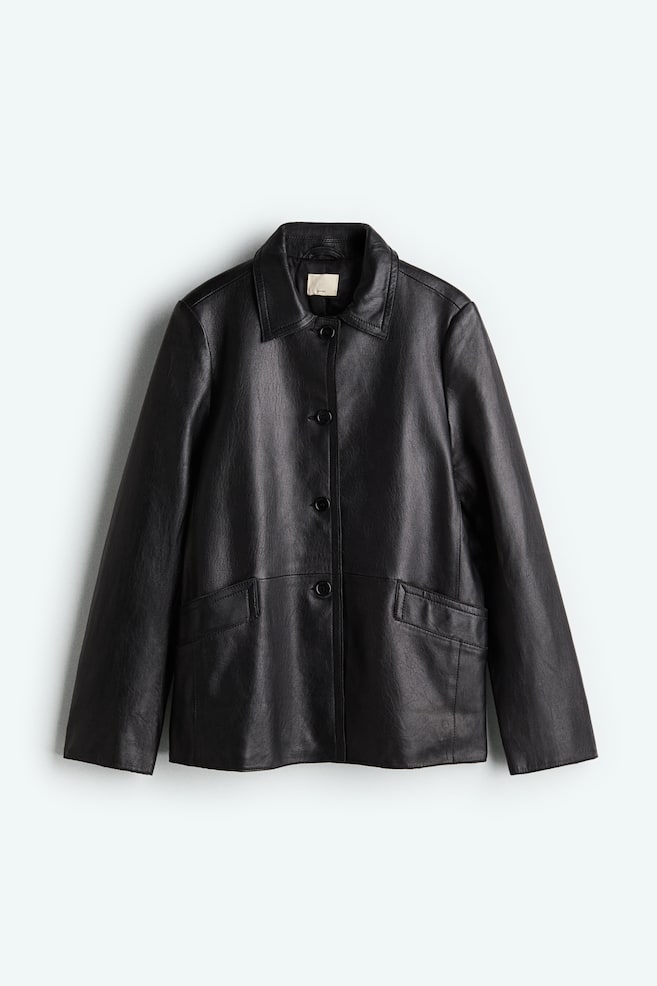 Collared Leather Jacket - Black/Light beige - 1