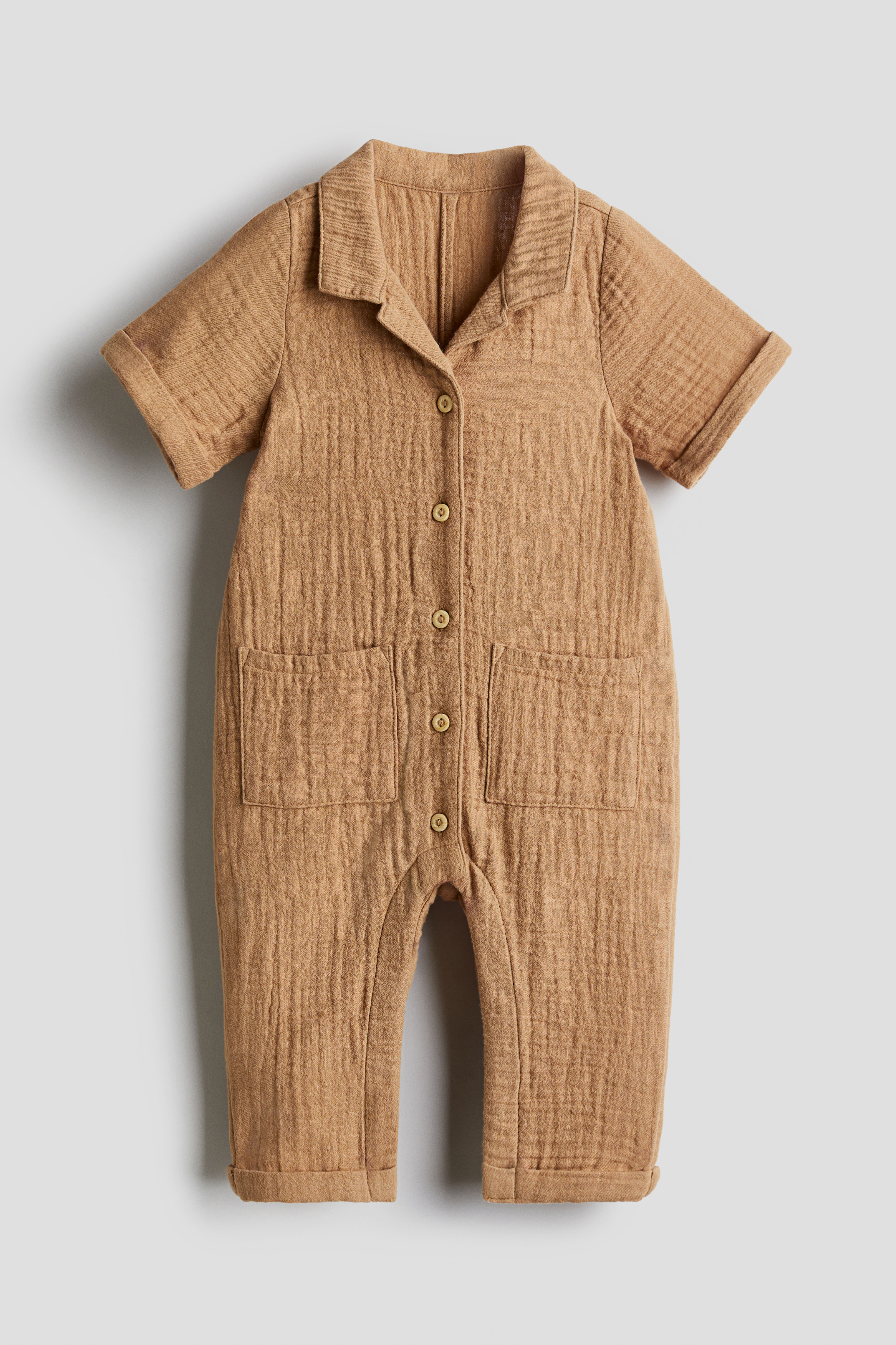 Baby Boy/Girl Brown Striped Ribbed Short-sleeve Romper with Pocket