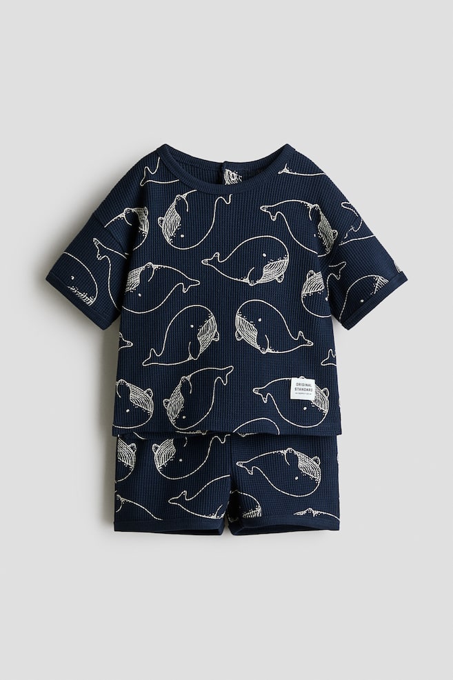 2-piece waffled cotton set - Navy blue/Whales/Blue/Yellow/Light green - 1