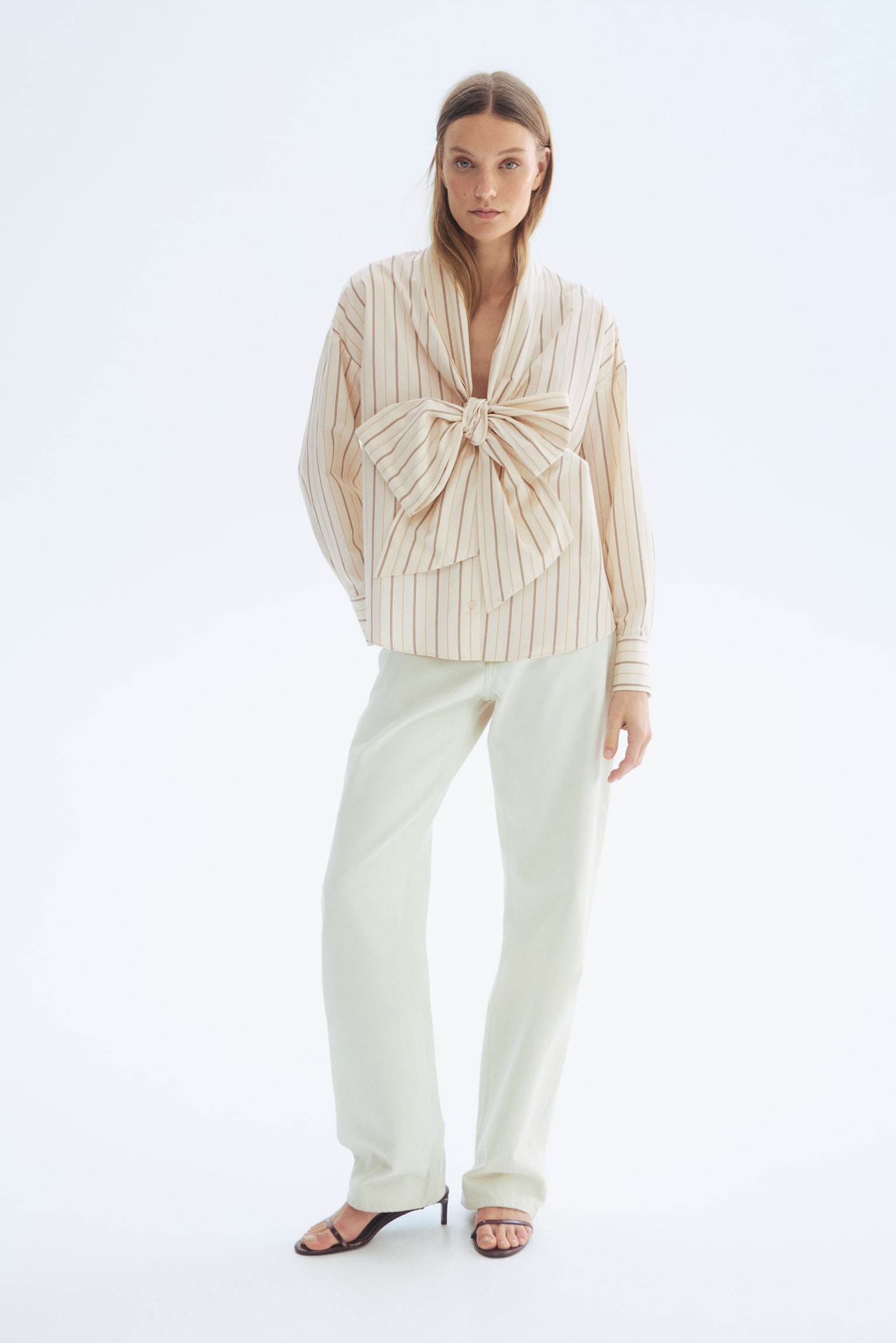 Tie-front poplin shirt - Light beige/Striped - 3