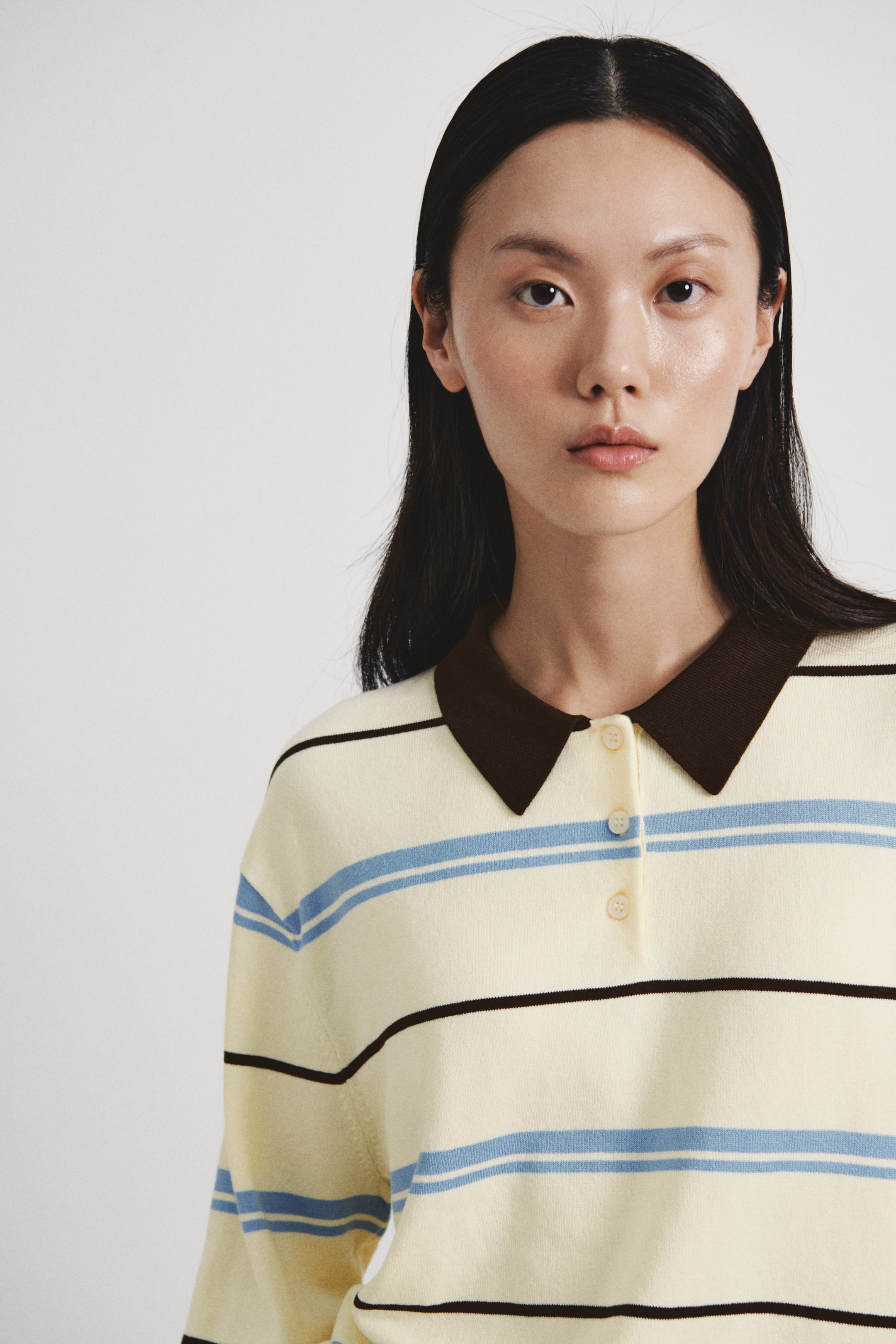 이미지 확대 보기: 파인니트 폴로셔츠 - 라이트 옐로/스트라이프 - 여성 | H&M KR 4