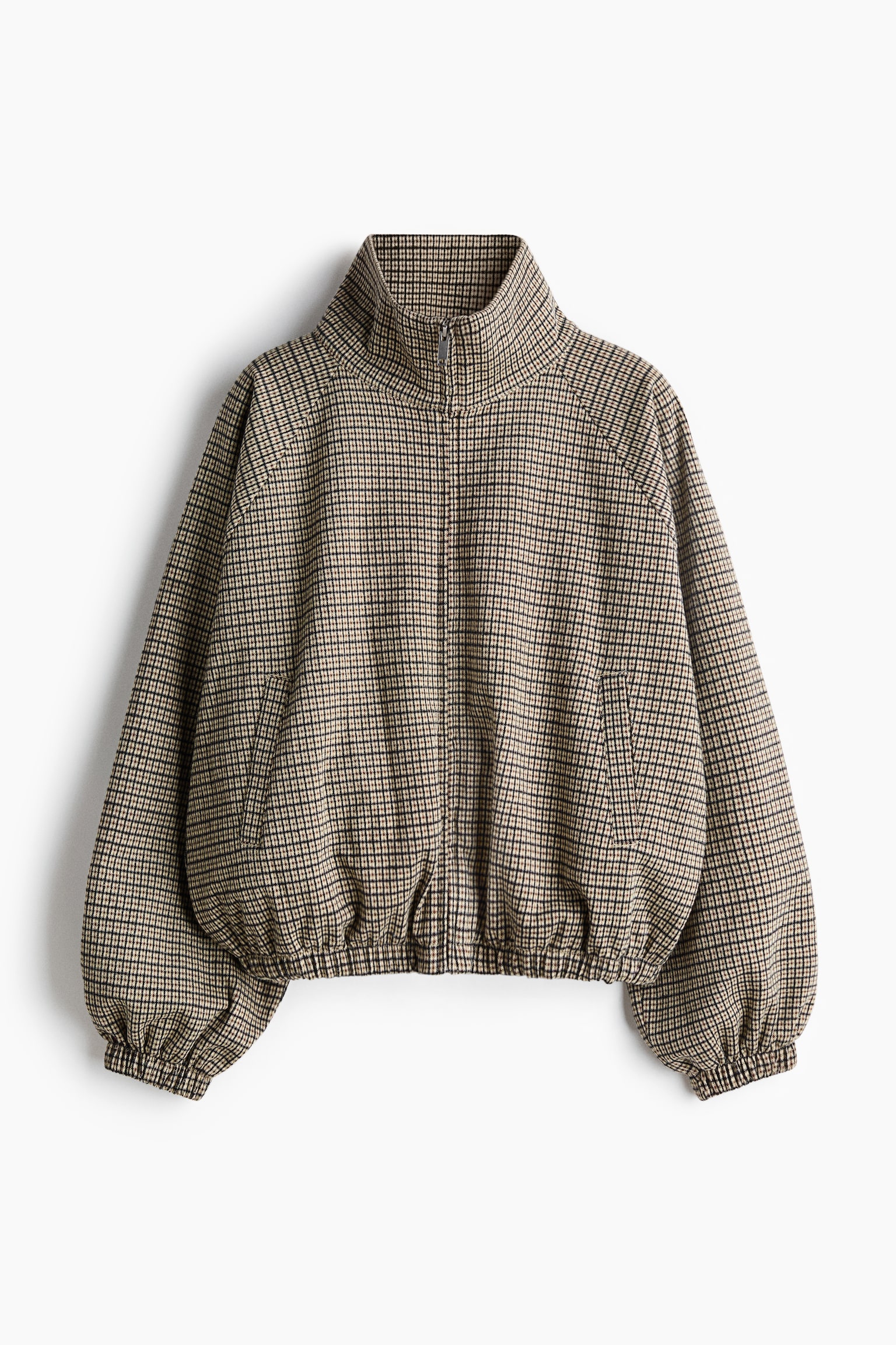 Balloon-sleeved jacquard-knit jacket - Light beige/Checked - 1
