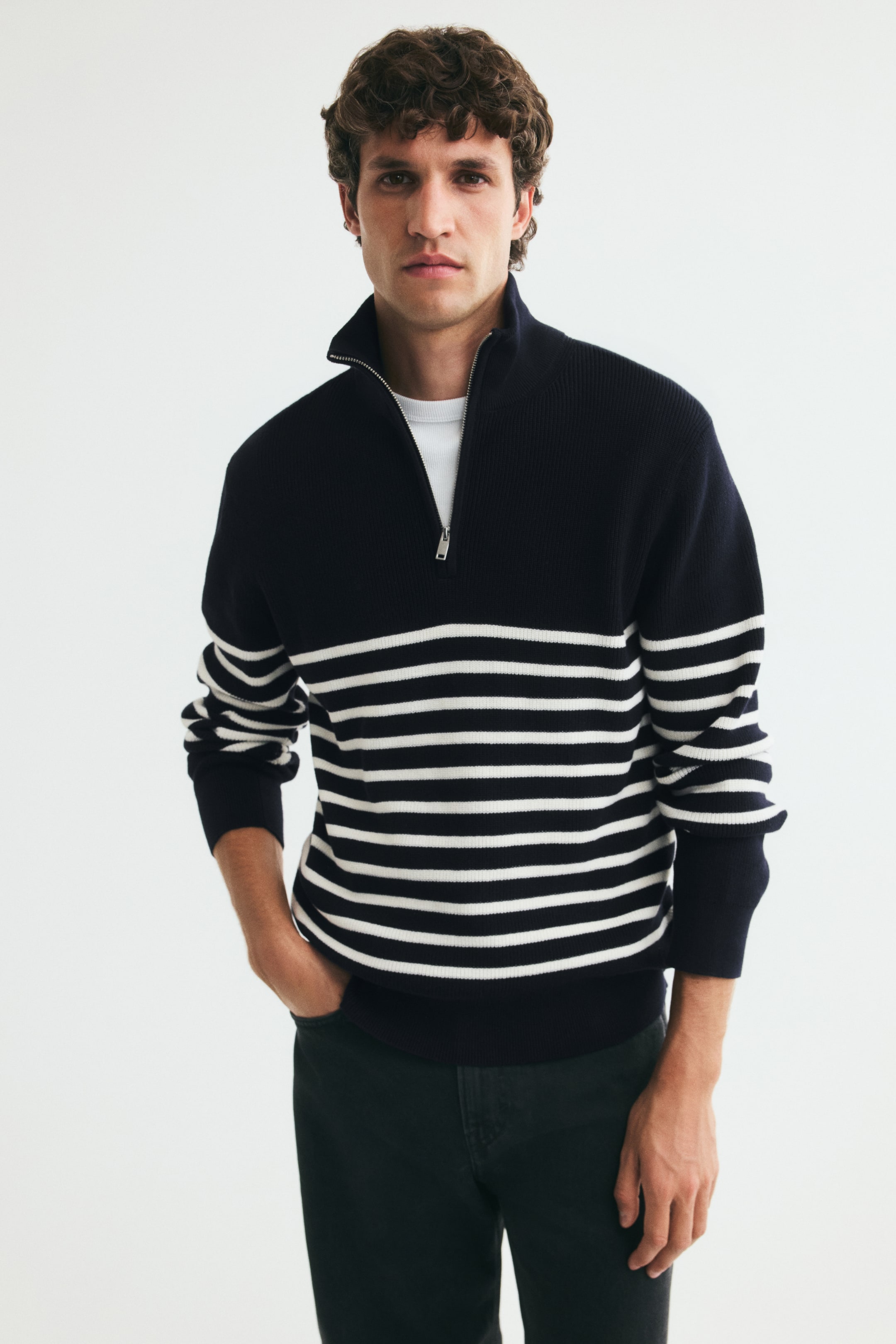 Agrandir l'image: Pull Regular Fit avec col zippé - Bleu marine/rayé - HOMME | H&M BE 1