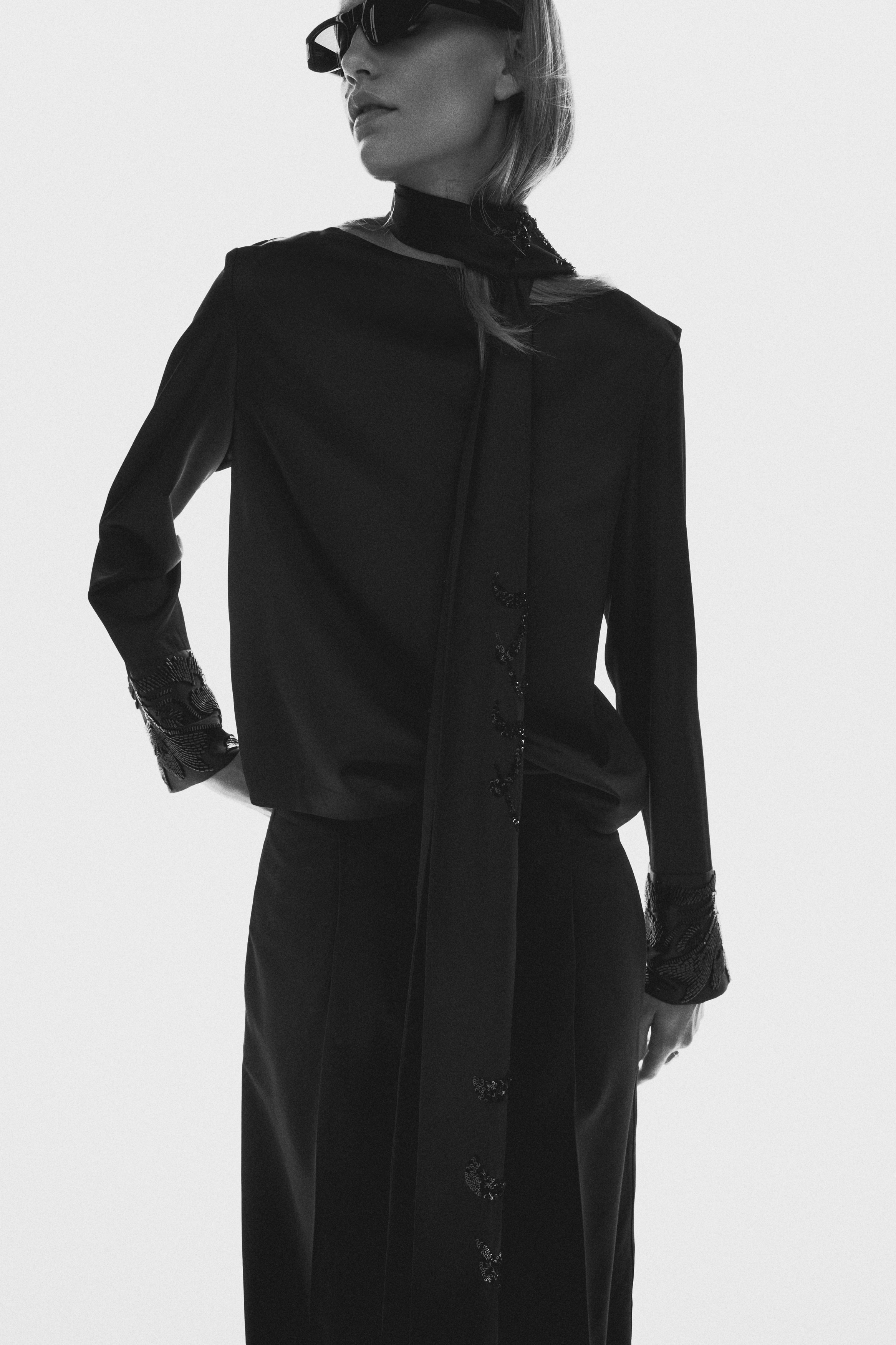 Bead-embroidered cowl-back blouse