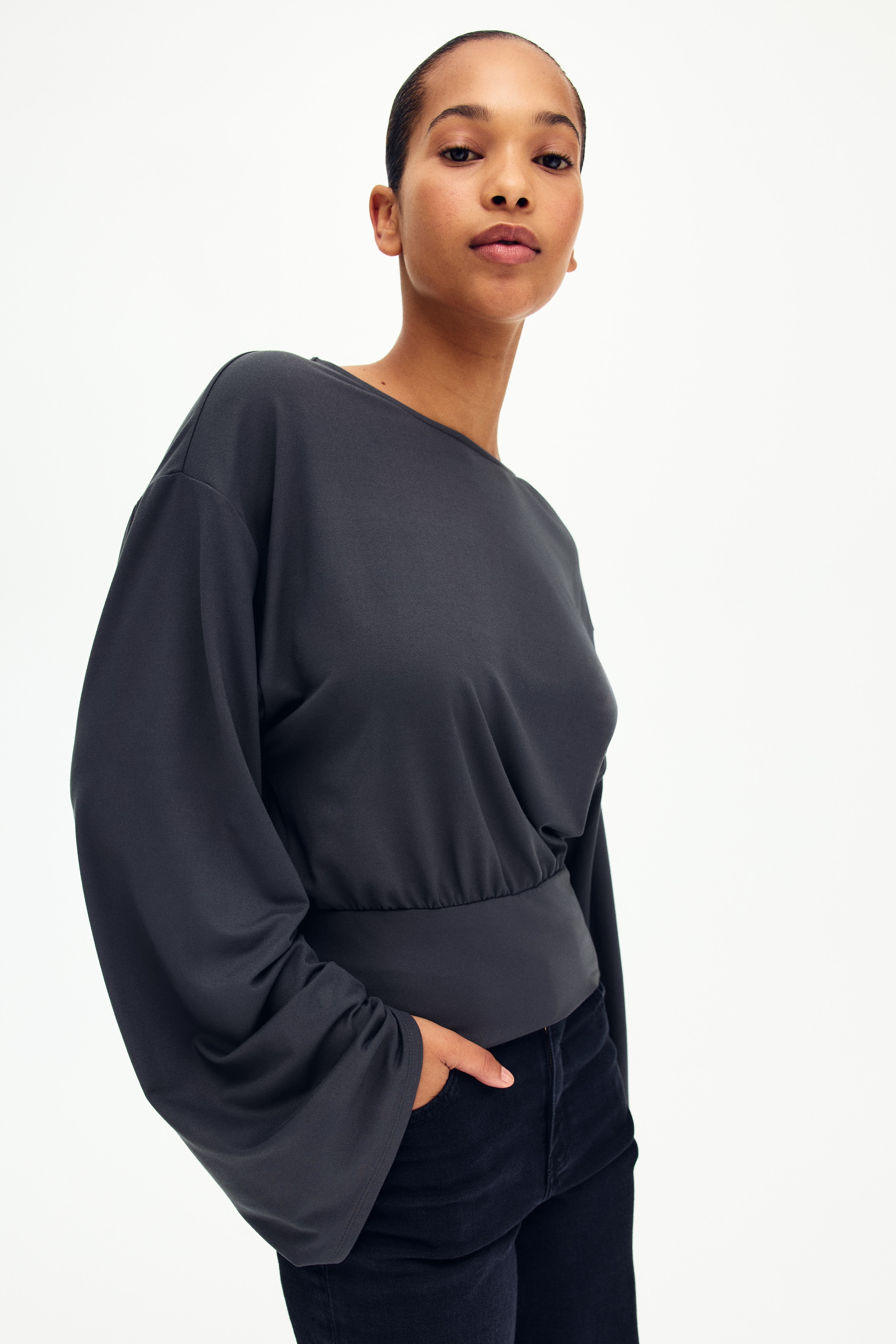 Top froncé en jersey - Gris foncé/Blanc/rayé