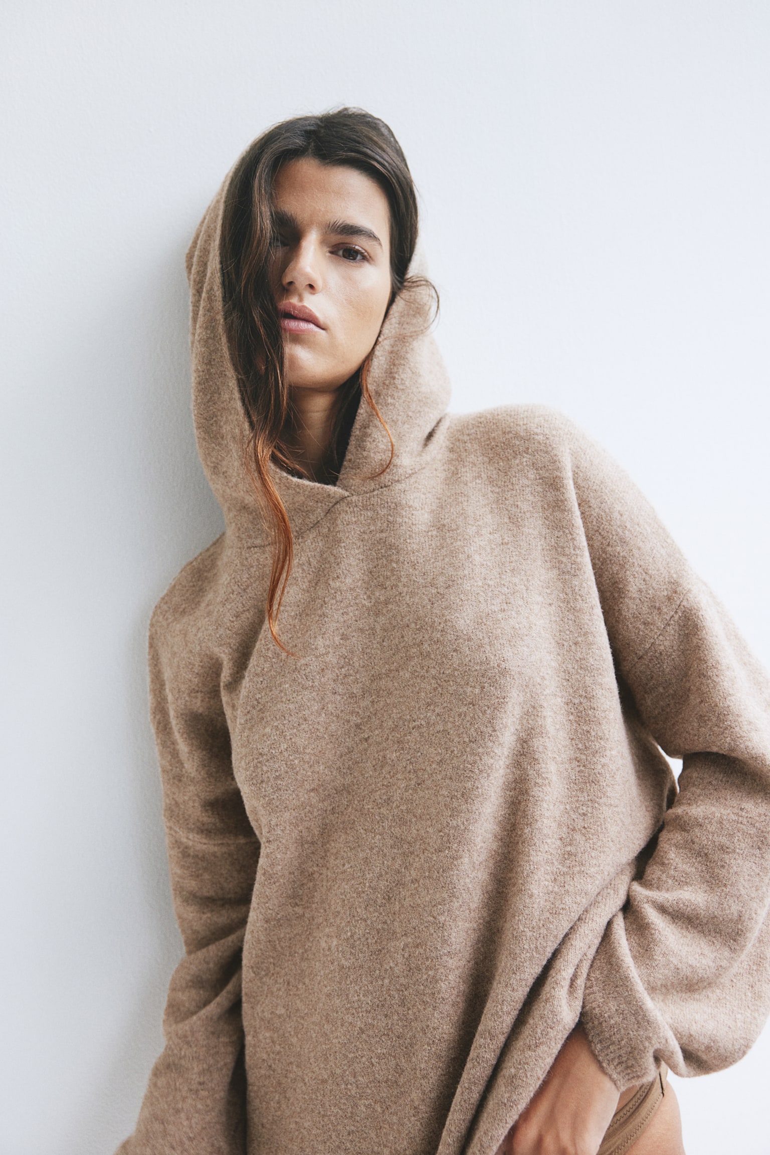 Hooded fine-knit dress - Beige marl - 3