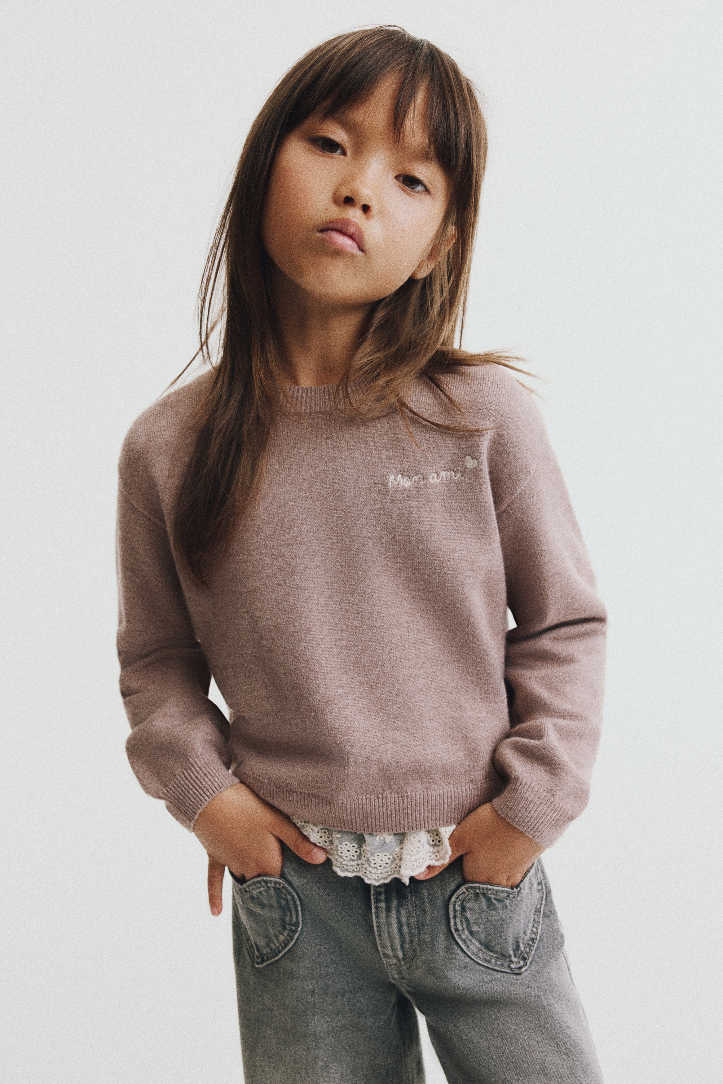 Pullover con bordo in sangallo - Beige chiaro/Mon Ami