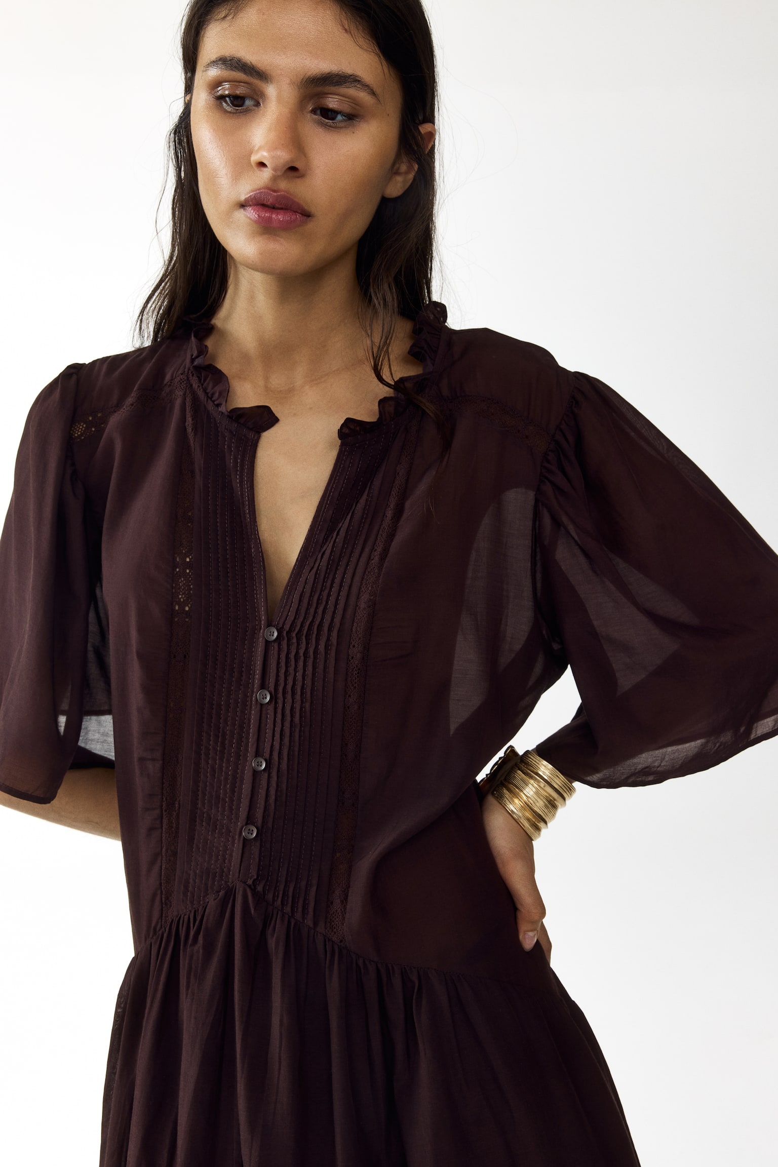 Viscose-blend tunic dress - Dark brown/Cream - 1